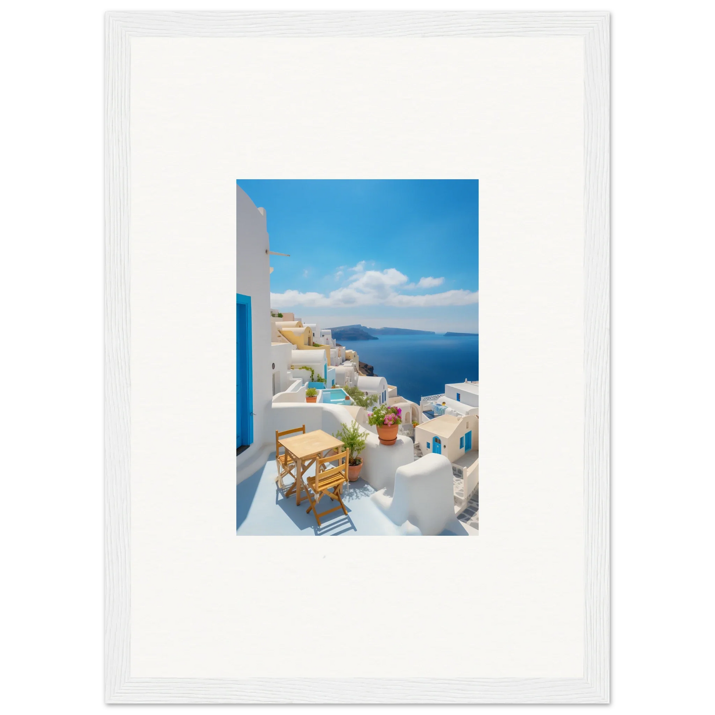 Framed poster of Santorini’s whitewashed buildings for your Dream-Touched Odyssey