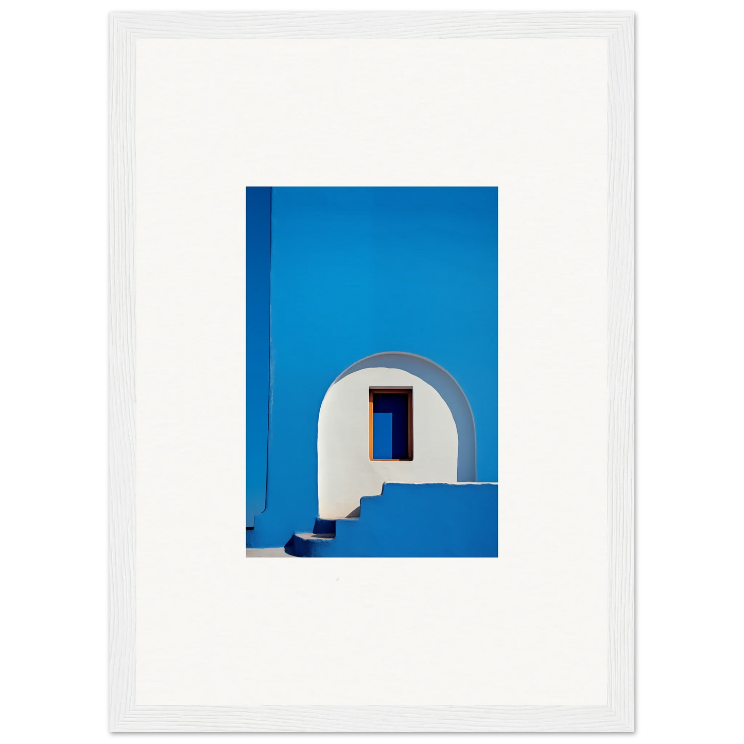 White arched doorway with a window on a blue wall in Dreams’ premium framed art