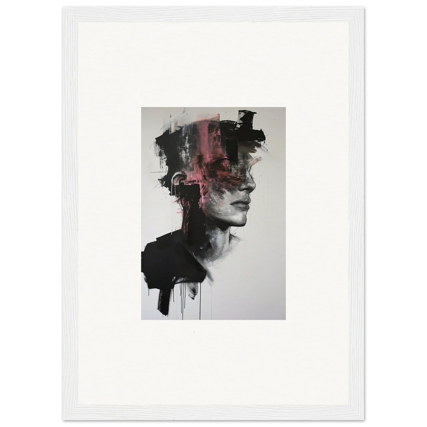Abstract portrait with black and pink drips on Fragmented Psyche Canvas art