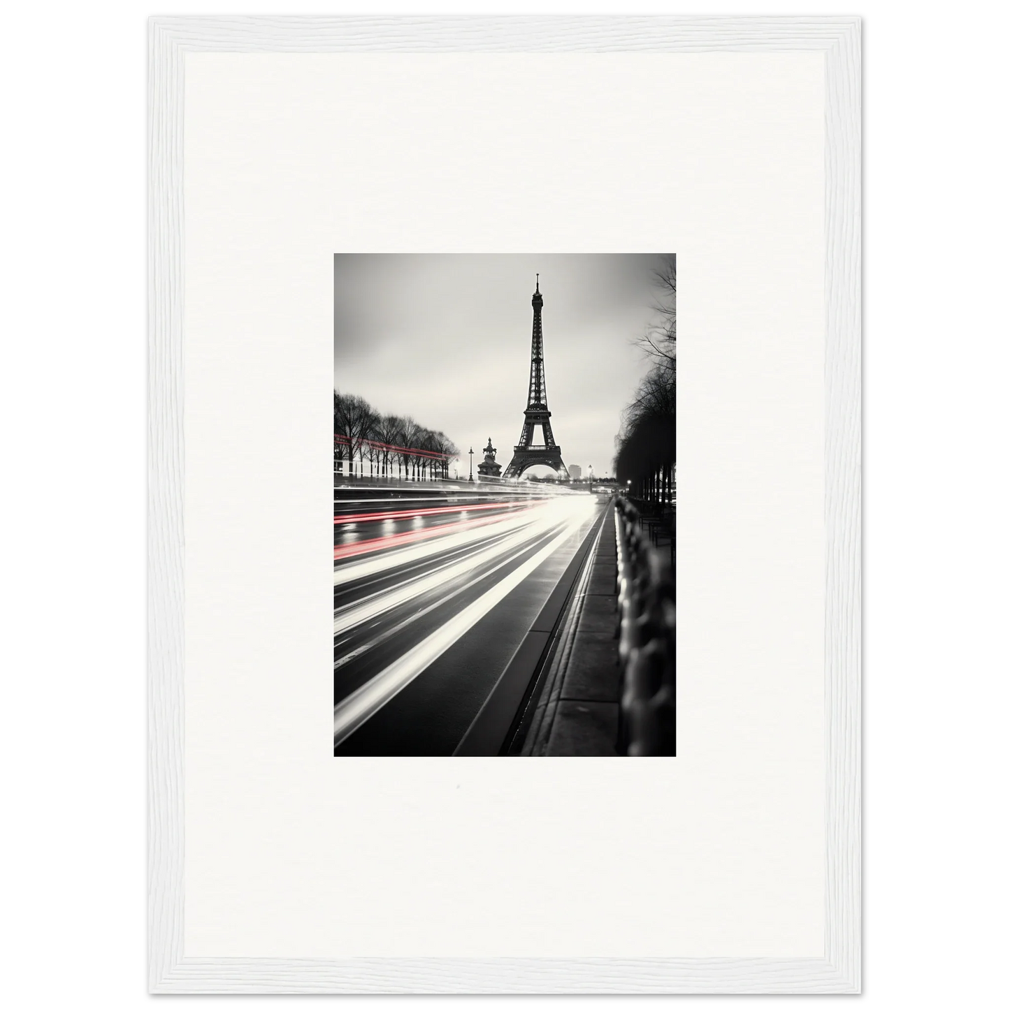 Black and white photo of Eiffel Tower with light trails for Eternal Windsweep Halo