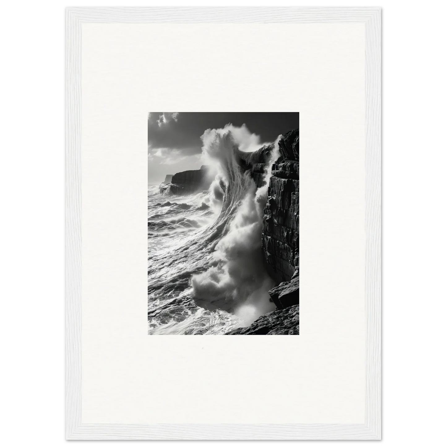 Powerful ocean wave crashing against cliffs in Tidal Curved Reality framed wall art