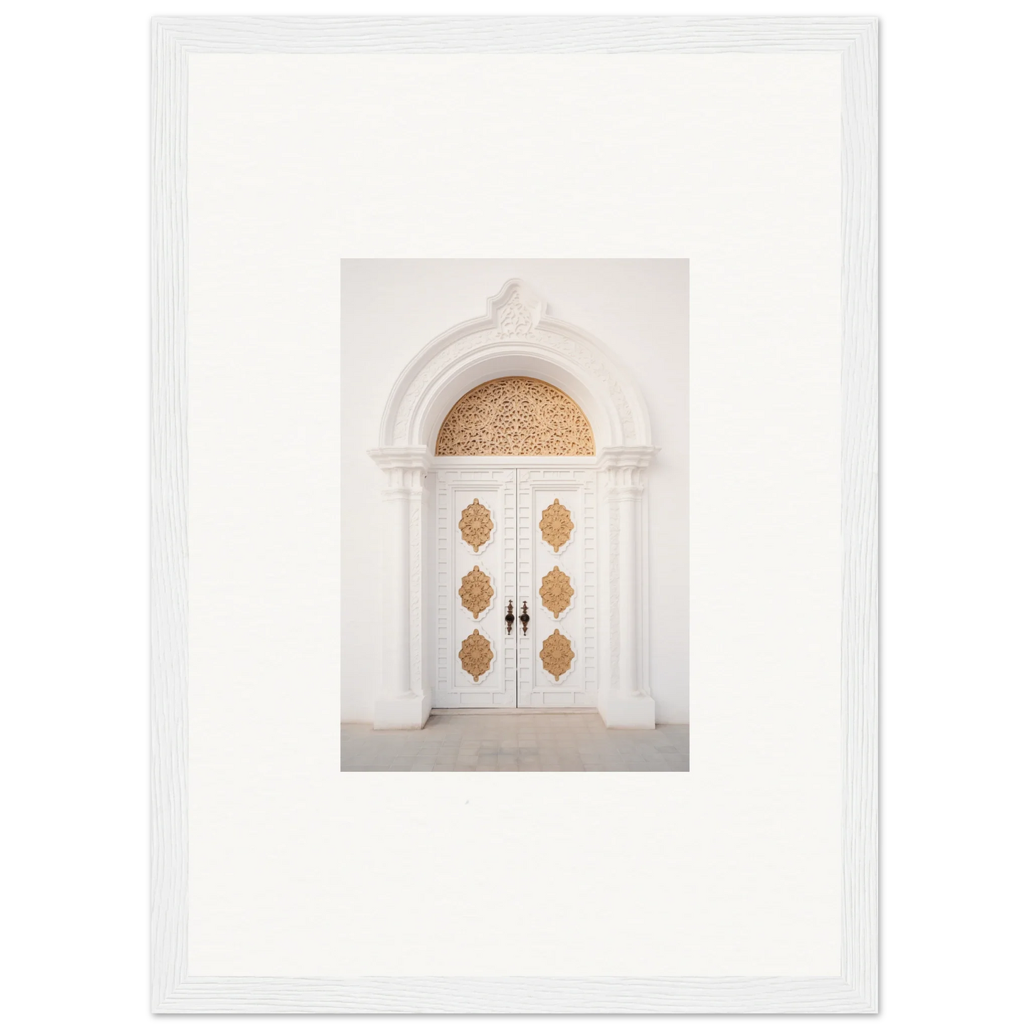 Elegant white double door with gold patterns from Gilded Mirage Passage framed wall art