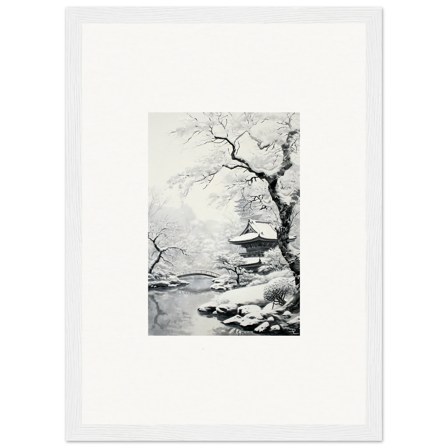 Black and white ink painting of a snowy landscape with pagoda for Winter Embrace Whisper
