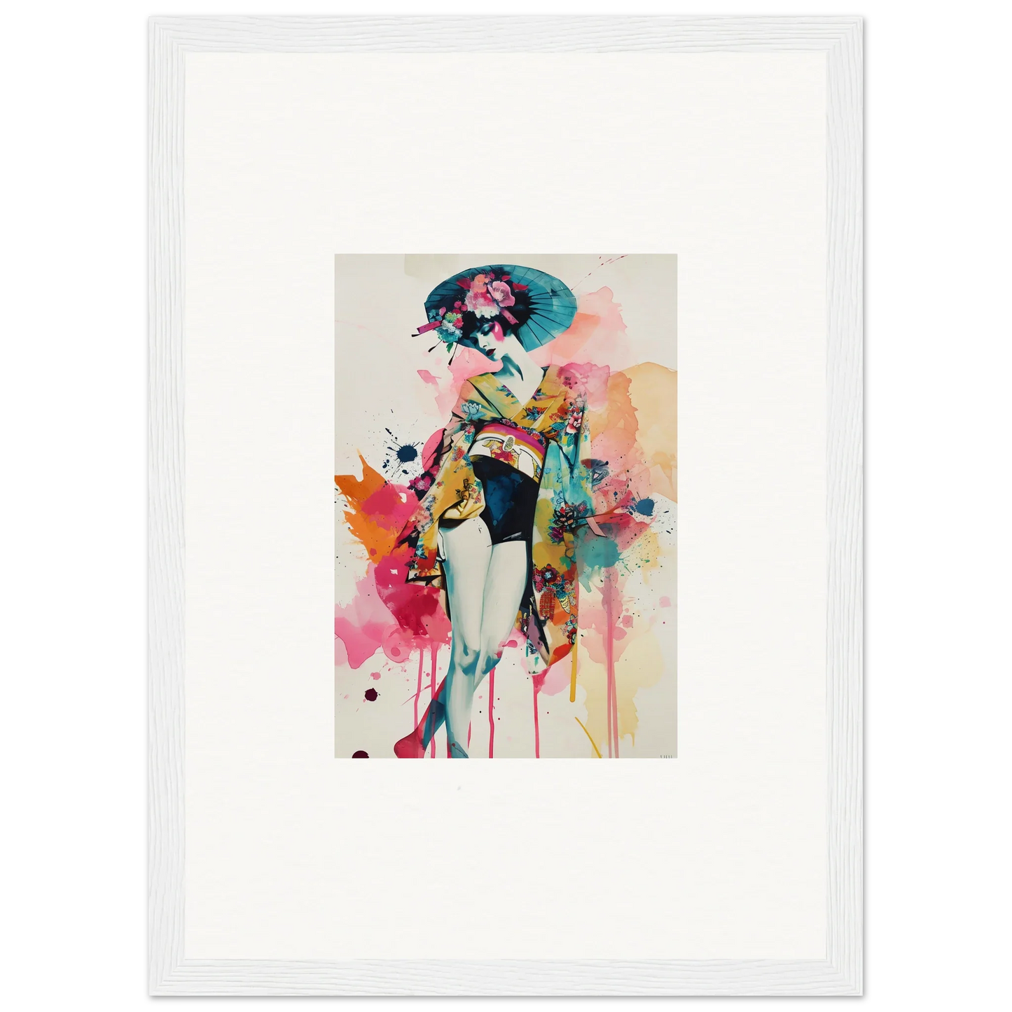 Colorful watercolor wall art of a chic female figure in a kimono, perfect for room decoration