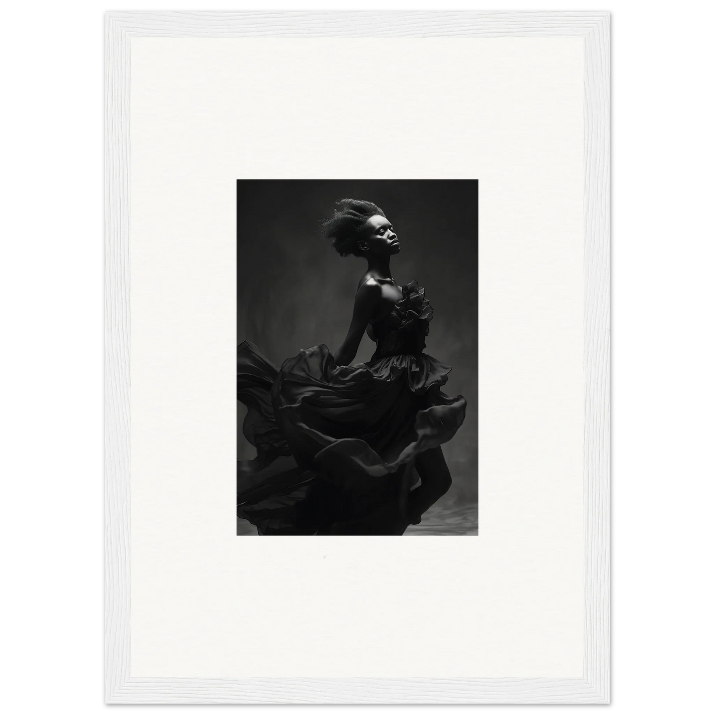Dramatic black and white photo of a figure in Veiled Nigretto Whispers flowing dress