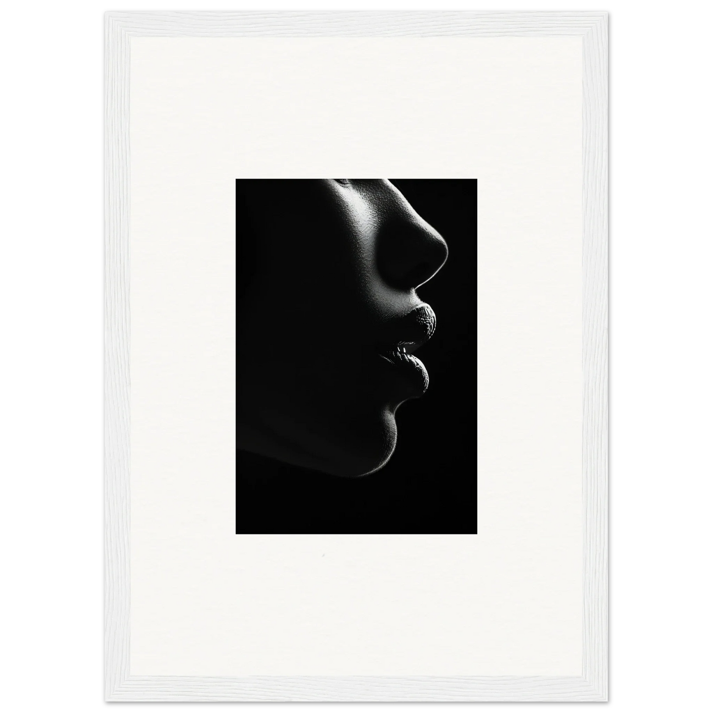 Side profile silhouette with nose and lips in dramatic lighting for Silver Twilight Whispers