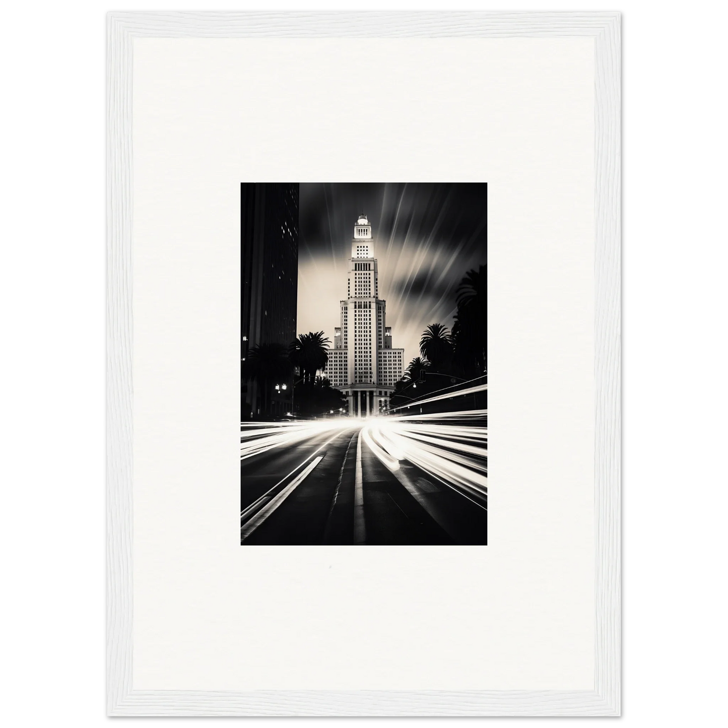 Art Deco skyscraper lit up at night with light trails for Luminescent Metropolis Beacon