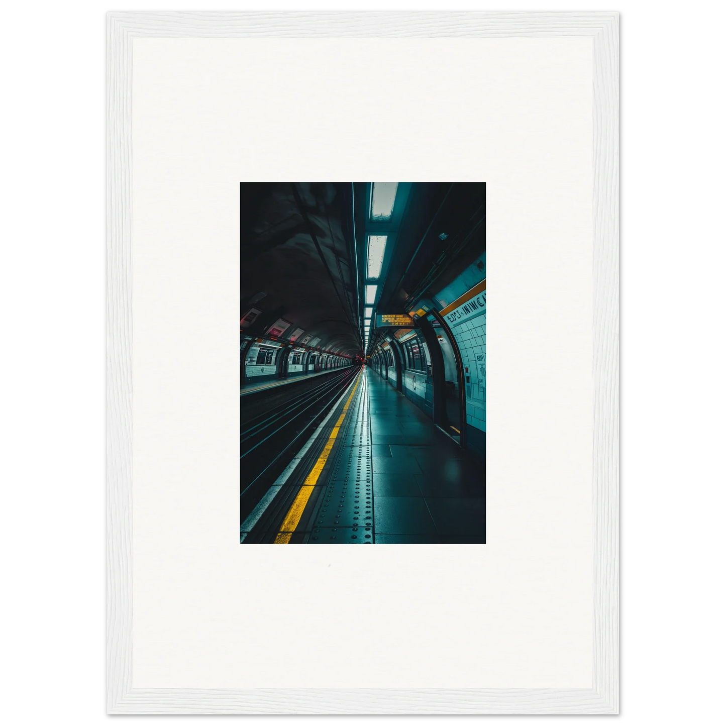 Empty subway platform with fluorescent lights, perfect for Portal Echo Anatomy art