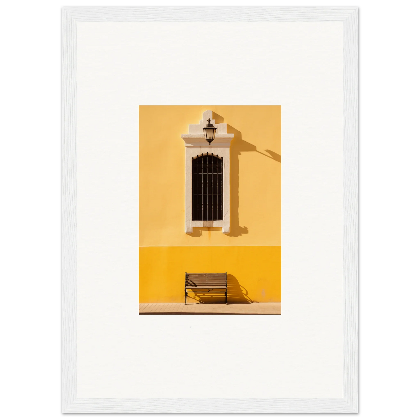 Wooden bench under barred window on yellow wall, perfect for Six-Light Cult Optionsky