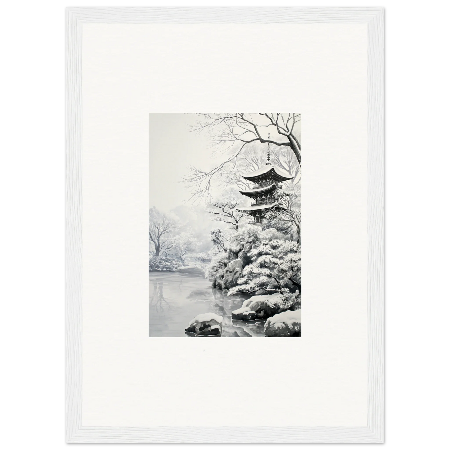 Black and white art of a Japanese pagoda in winter for Crystallized Blossom Oasis