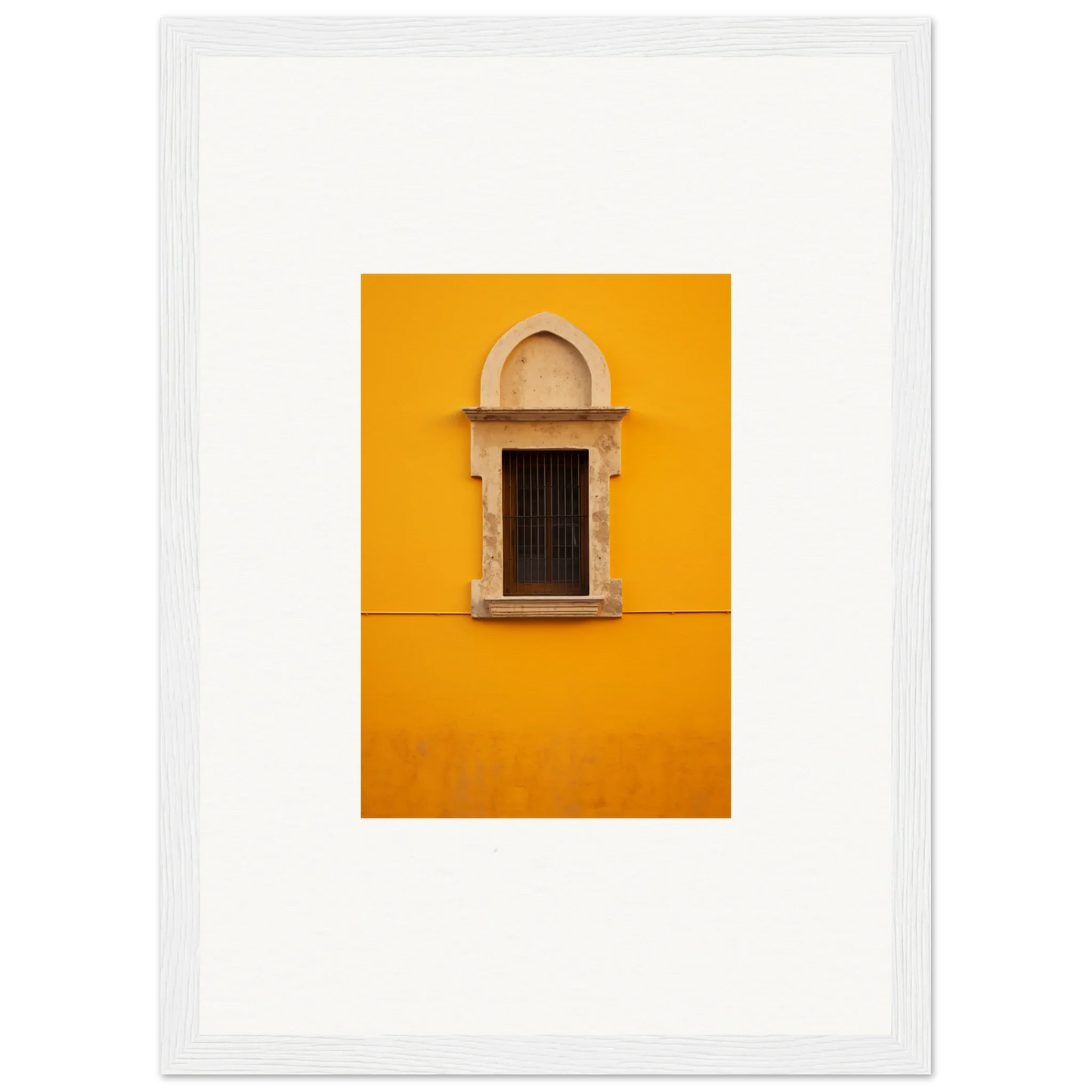 Ornate stone window frame on a bright yellow wall in Golden Correspondence Portal art