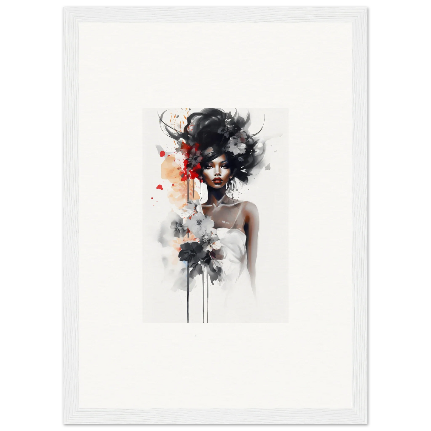 Watercolor portrait of sultry reverie woman in white dress with bold red splashes