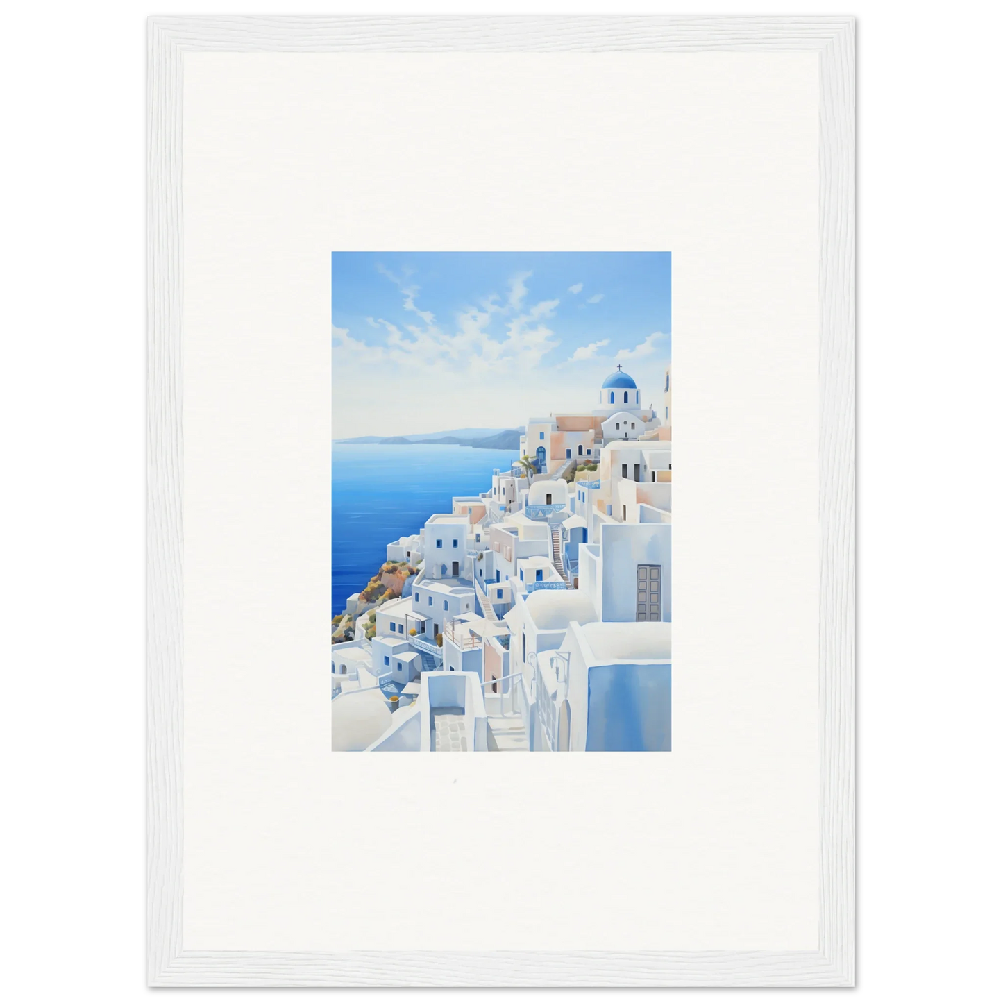Framed wall art of Santorini showcases dreams overlapping reality with white buildings and blue domes