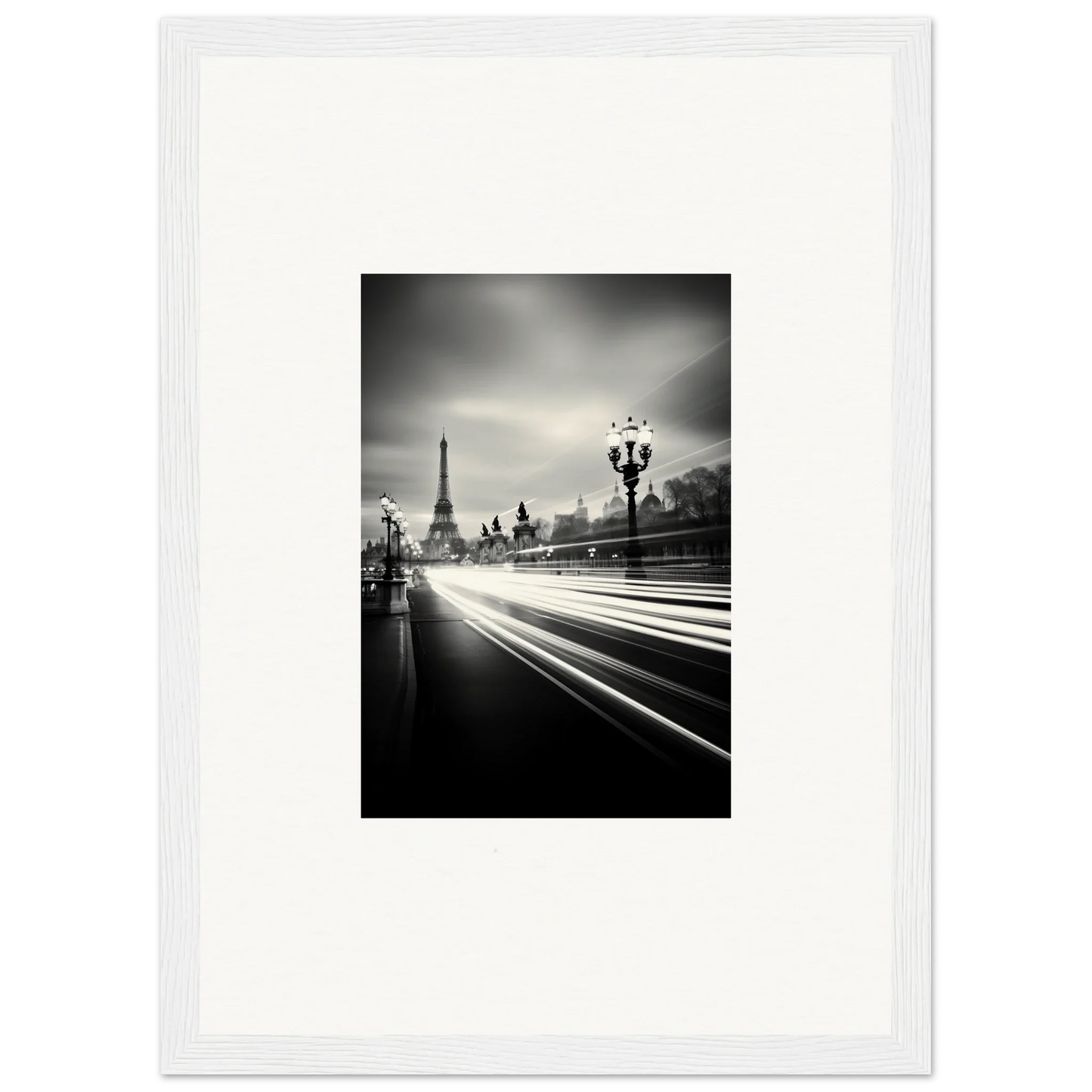 Black and white Eiffel Tower photo with light trails, perfect for framed wall art