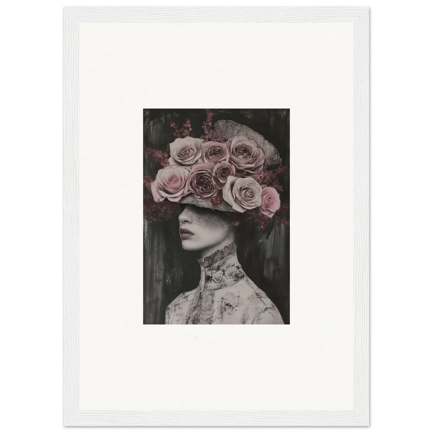 Artistic black and white photo of pink roses as a crown for Floral Odyssey Veil