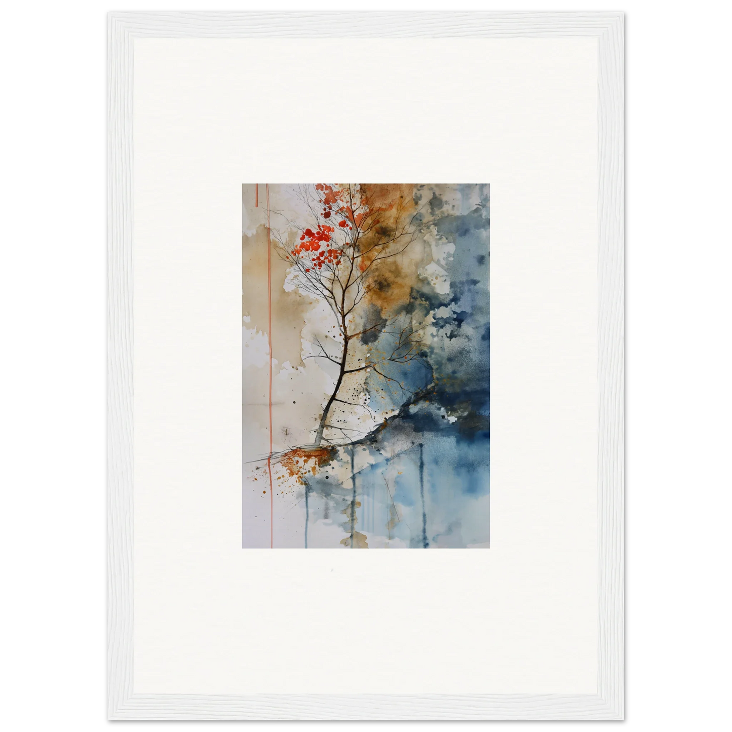 Watercolor canvas print of a tree branch with red blossoms for room decoration