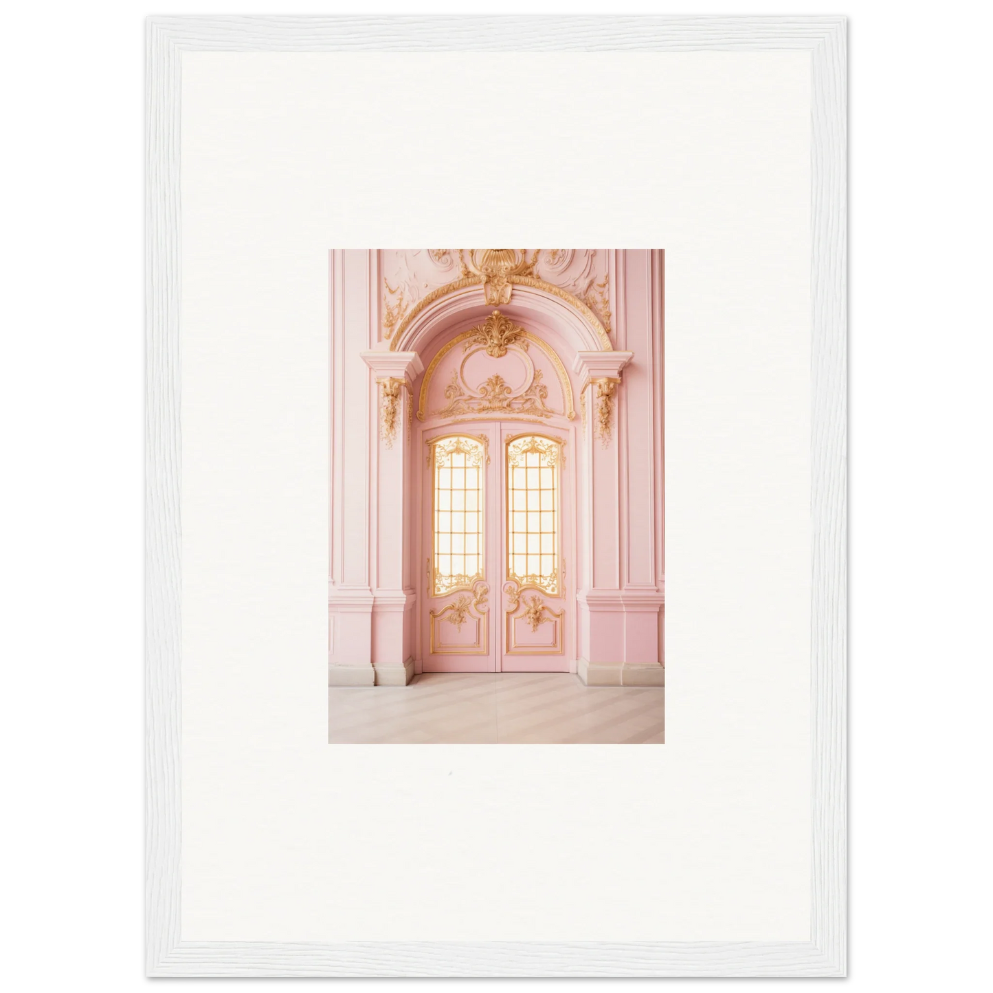 Ornate pink double doors with arched windows in Ethereal Rose Haven framed wall art