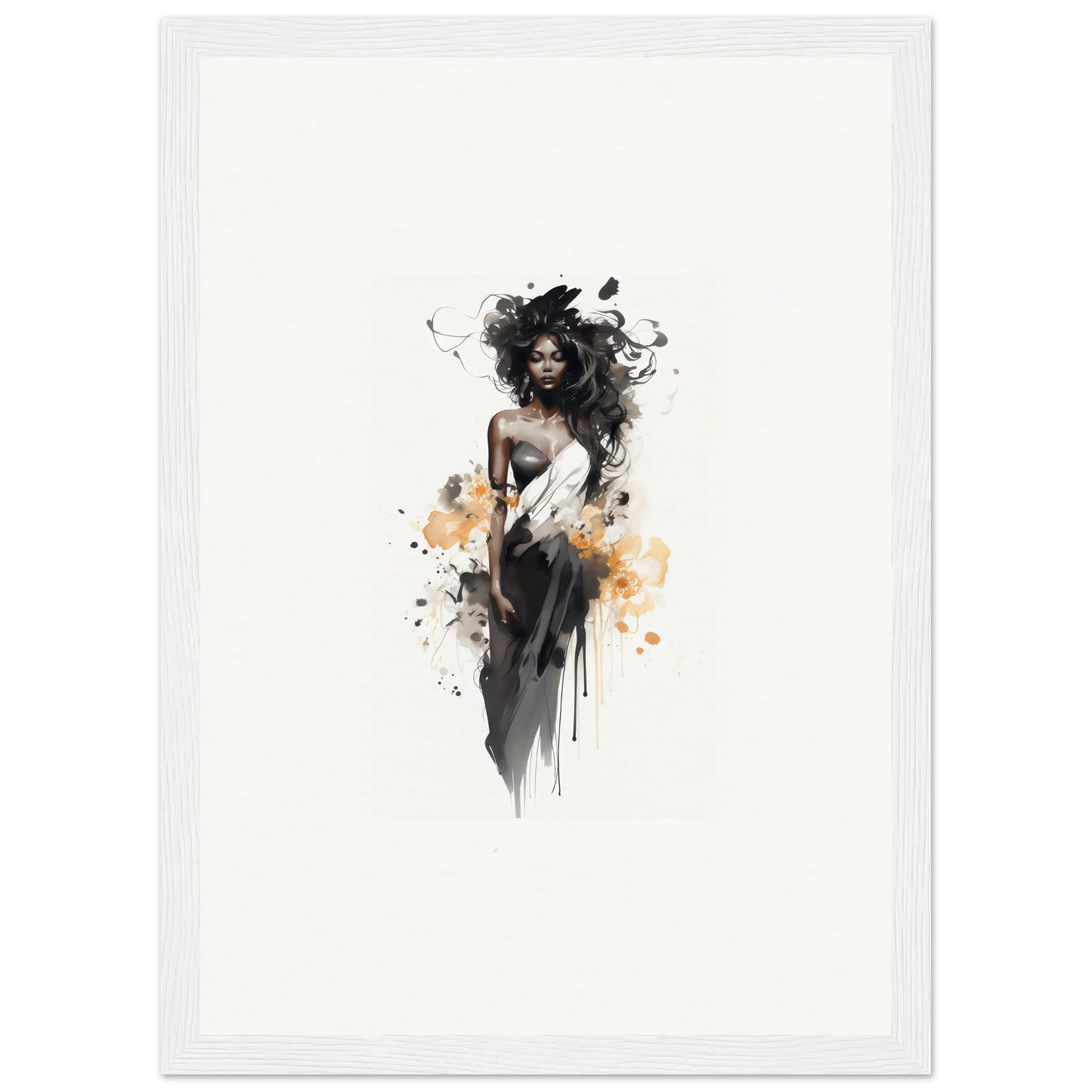 Artistic watercolor illustration of a woman in a black dress for Harlequin Suns Wash