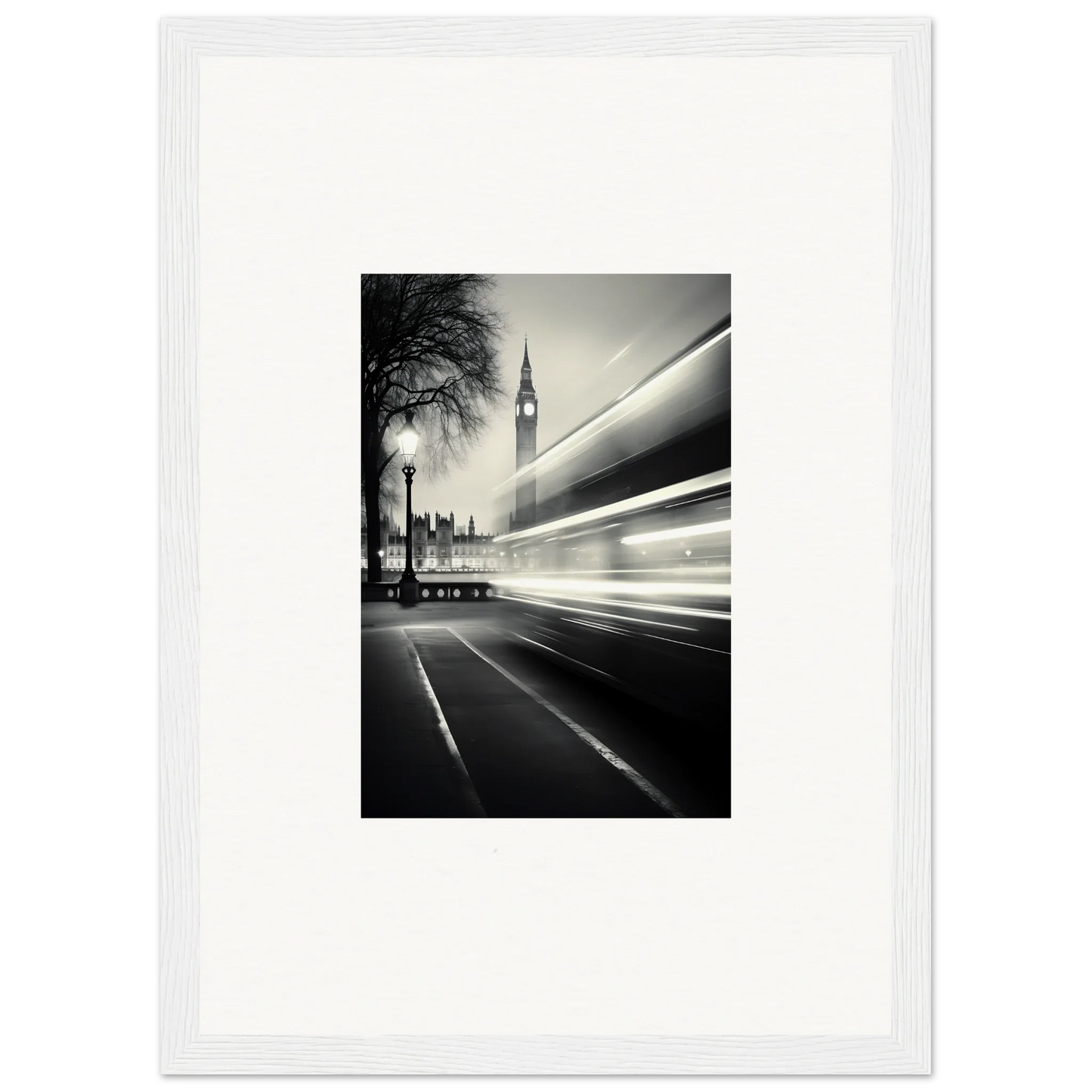 Black and white Big Ben with light trails, part of Fluid Timeless Pulse framed wall art