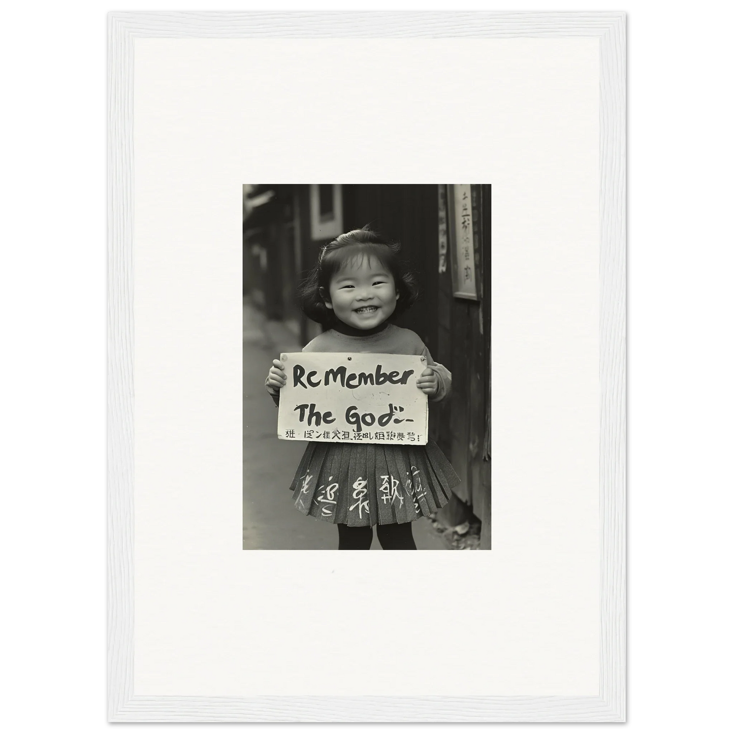 Black and white photo of a child holding a Remember The God sign for Sacred Smile Echoes