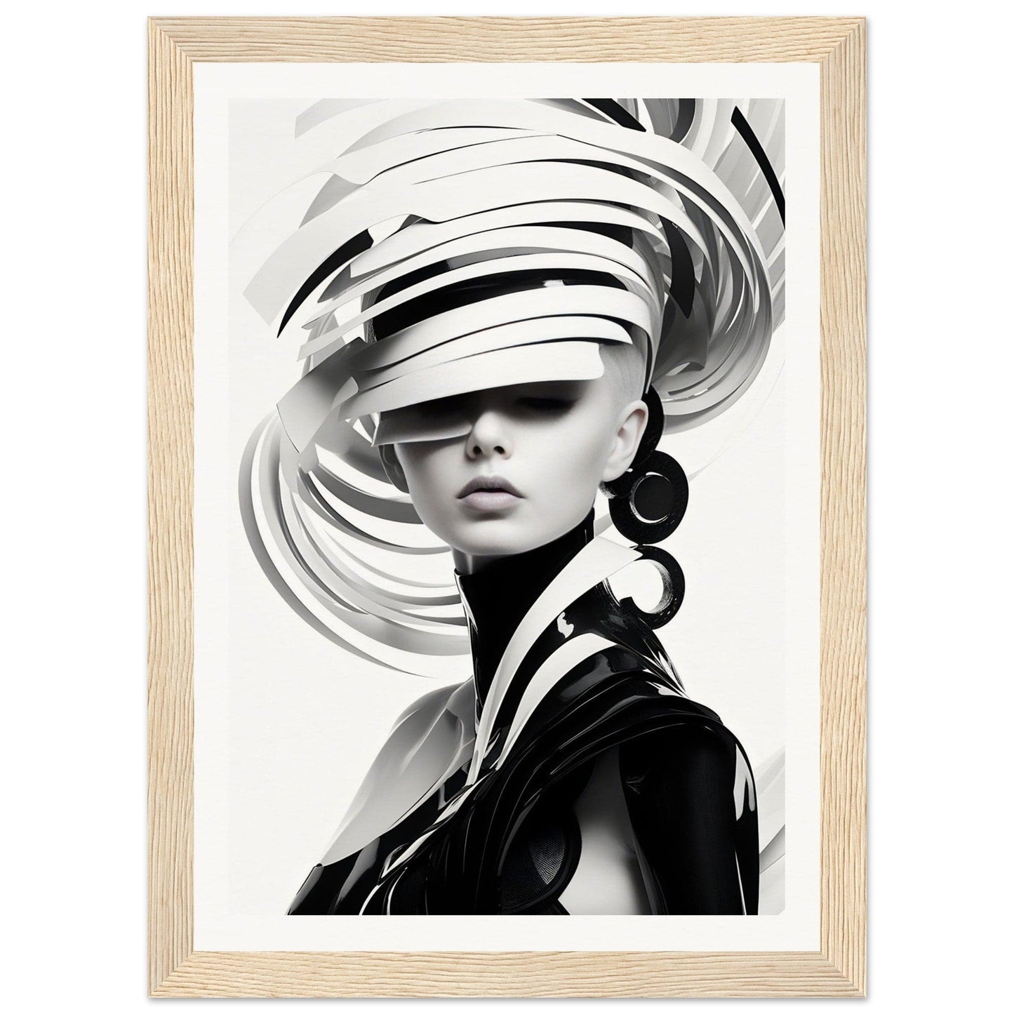 Stylized black and white portrait of a woman wearing an elaborate swirling hat.