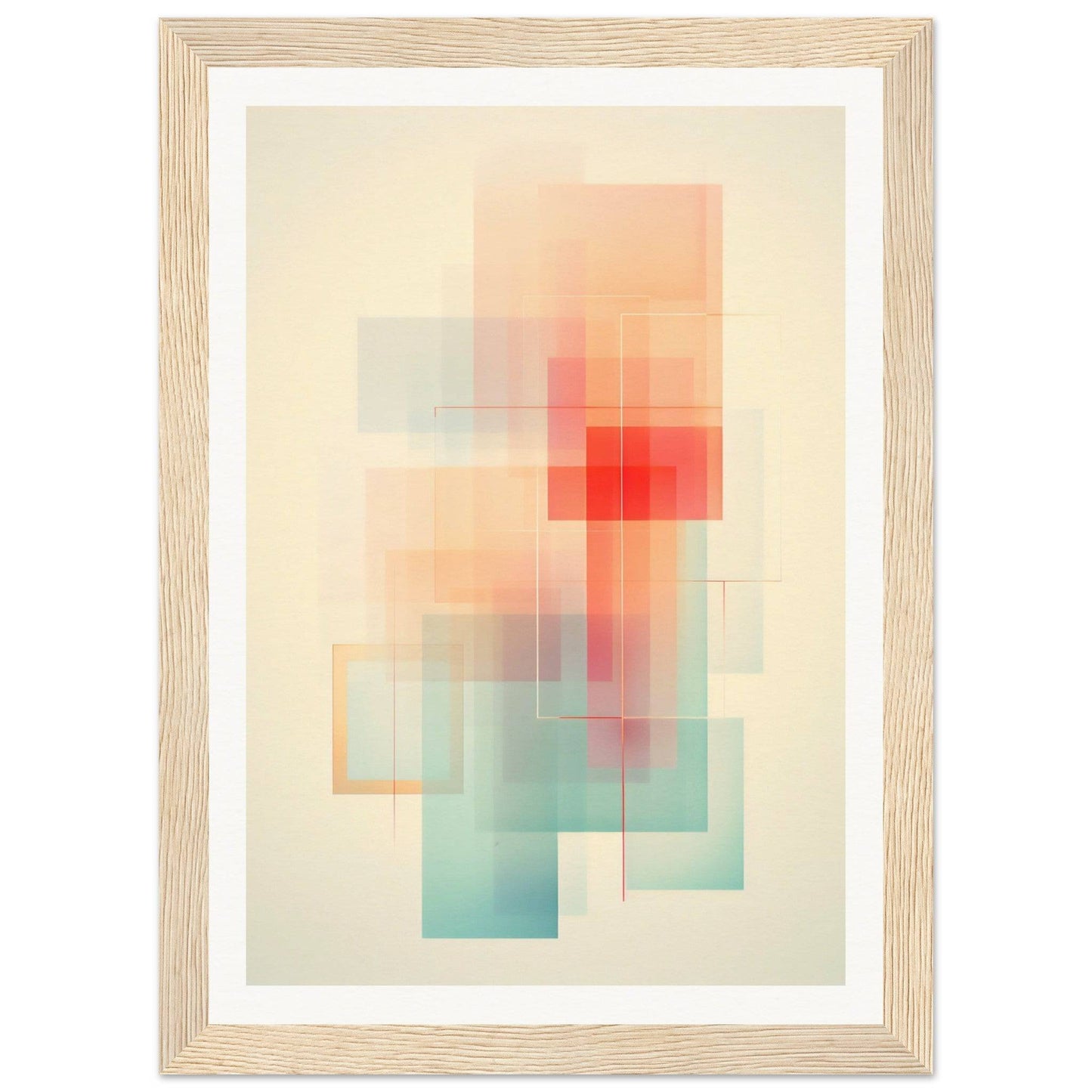 Abstract geometric artwork featuring overlapping translucent rectangles in soft pastel colors.