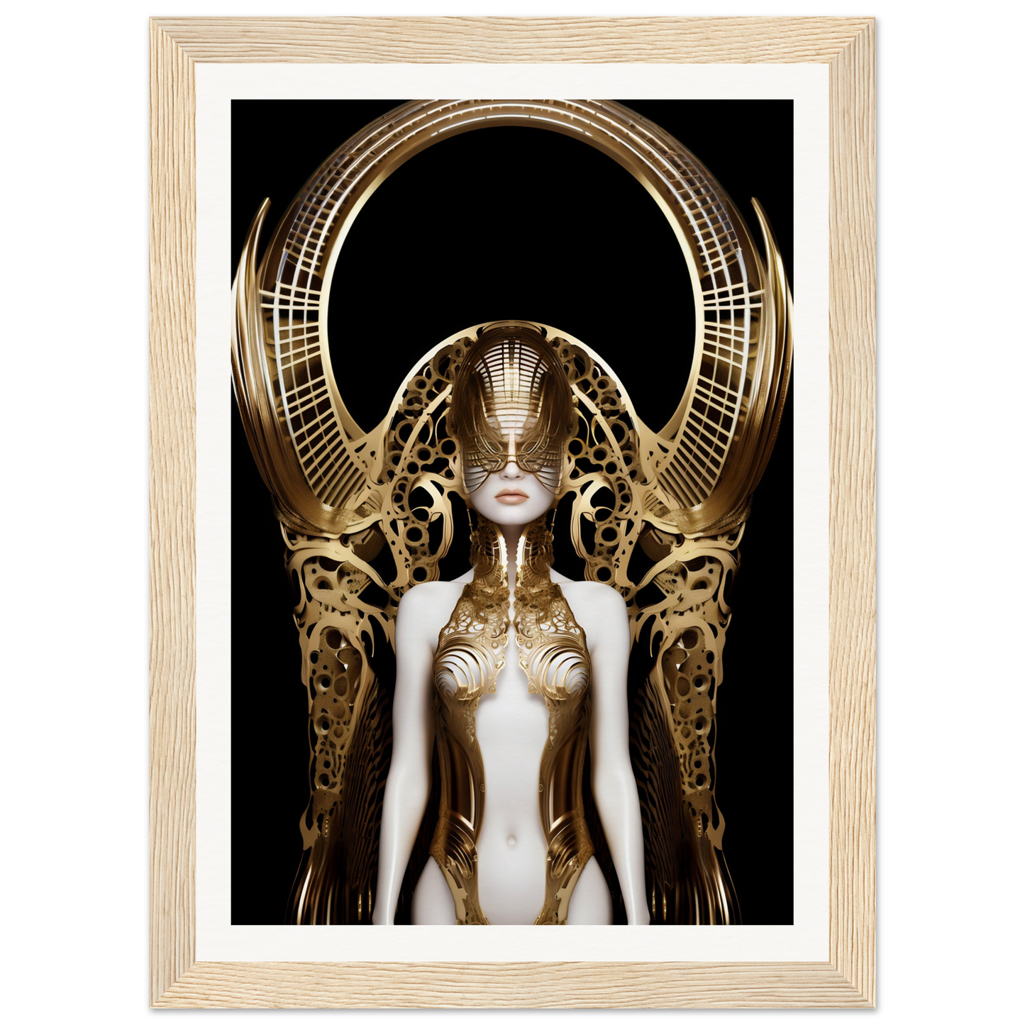 Futuristic female figure with an elaborate golden headdress and metallic body.