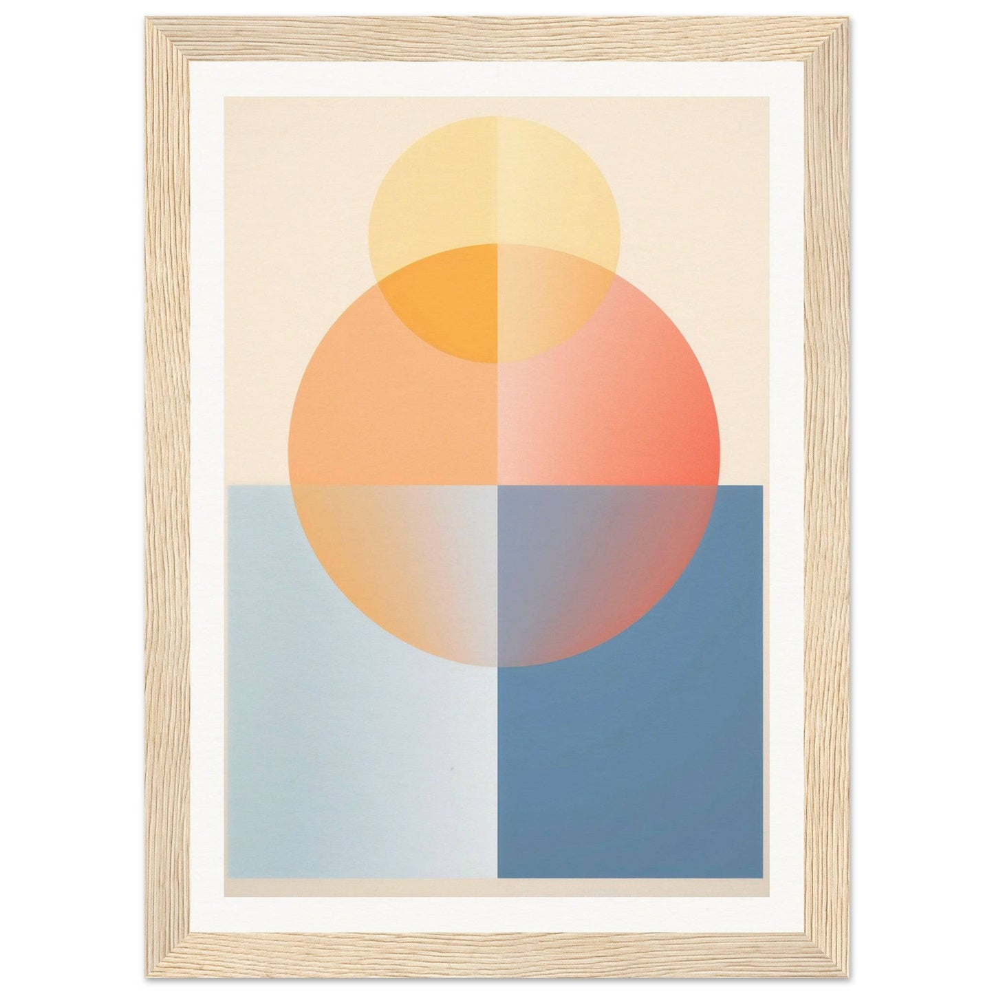 Abstract geometric artwork featuring overlapping circles and rectangles in pastel colors.