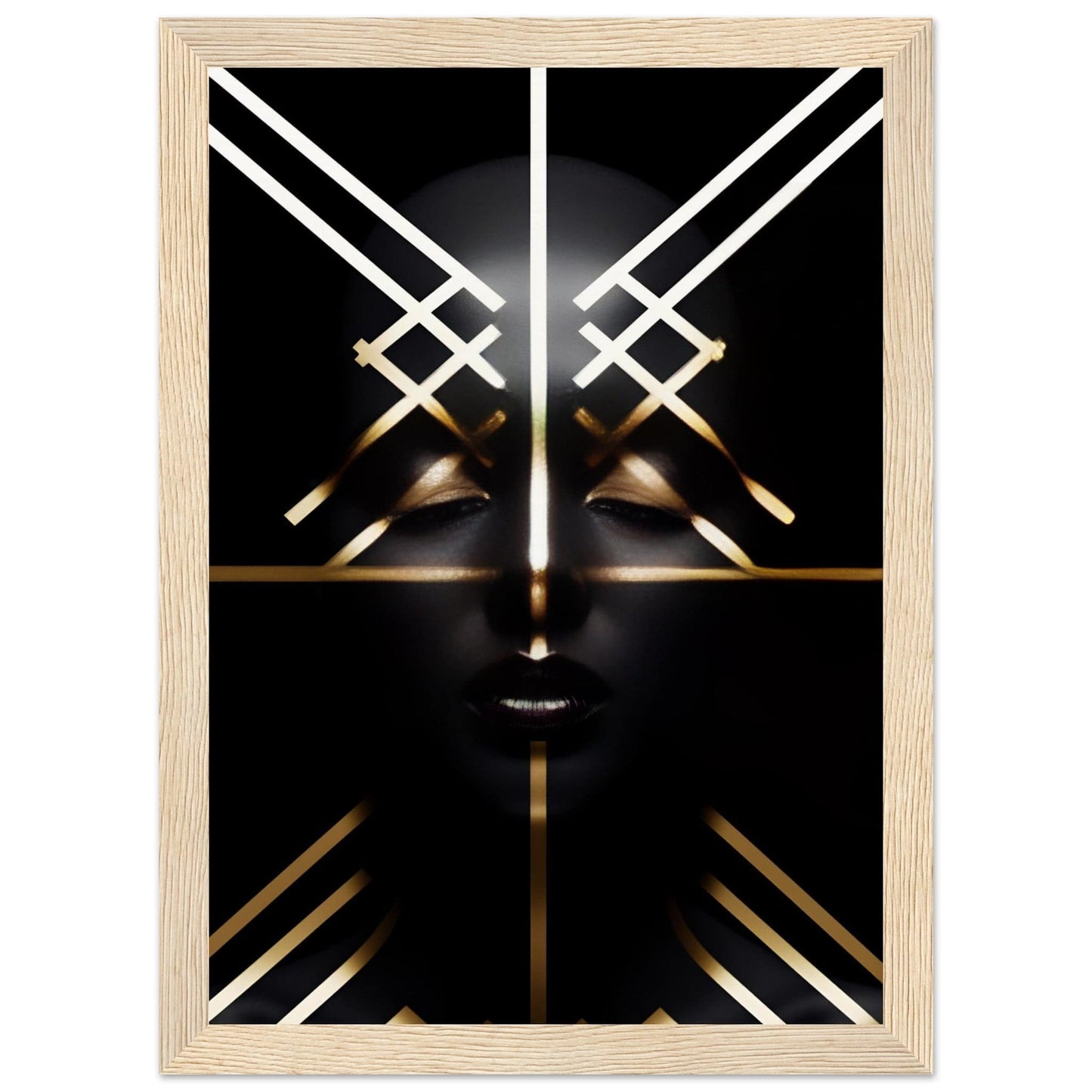 Abstract geometric face design with gold and white lines on a black background.
