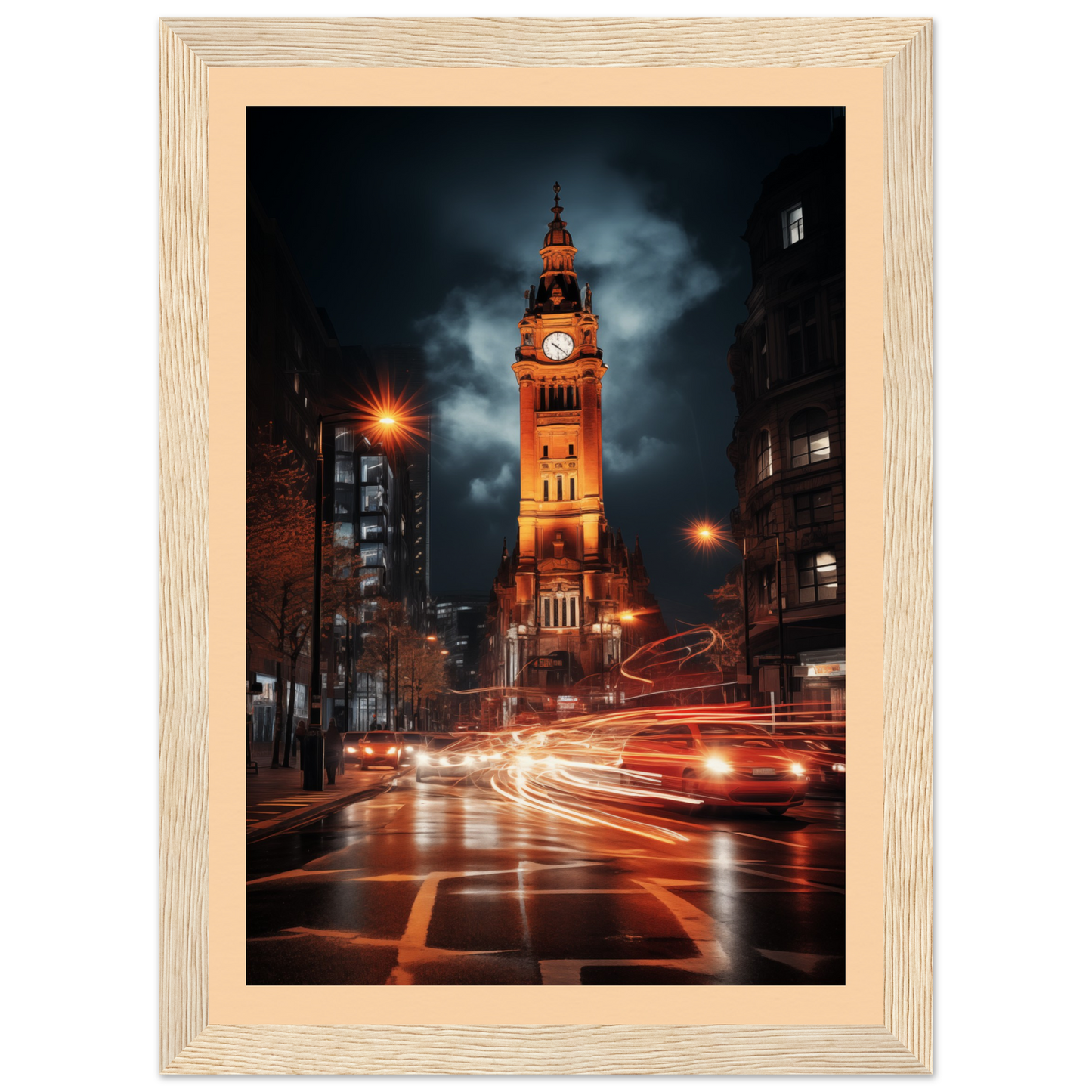 Illuminated clock tower with ornate architecture at night.