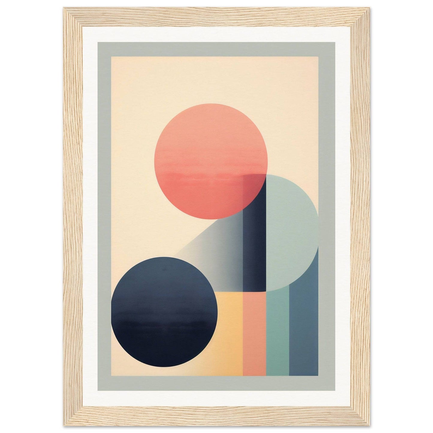 Abstract geometric artwork featuring circles and rectangular shapes in muted pastel colors.