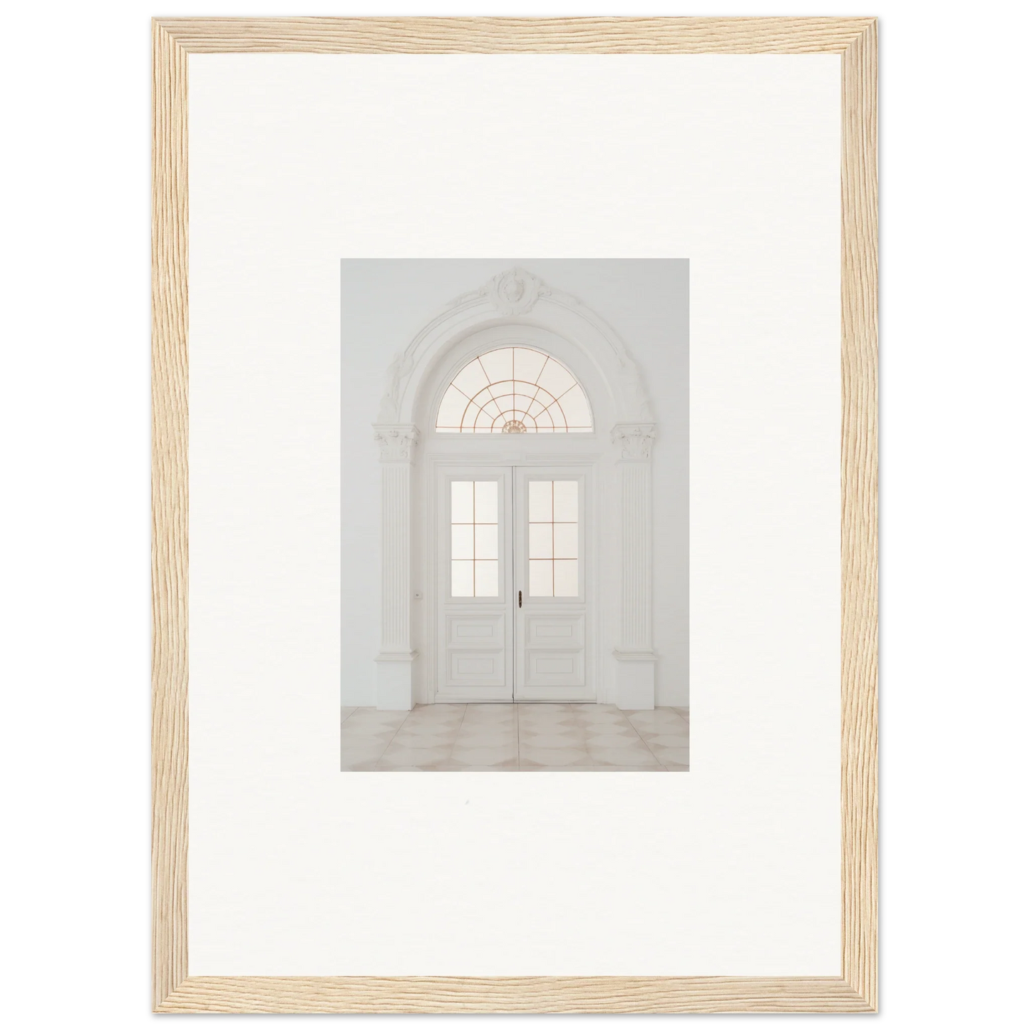 Framed wall art of an elegant white doorway, part of Portal Poise Unveiled collection