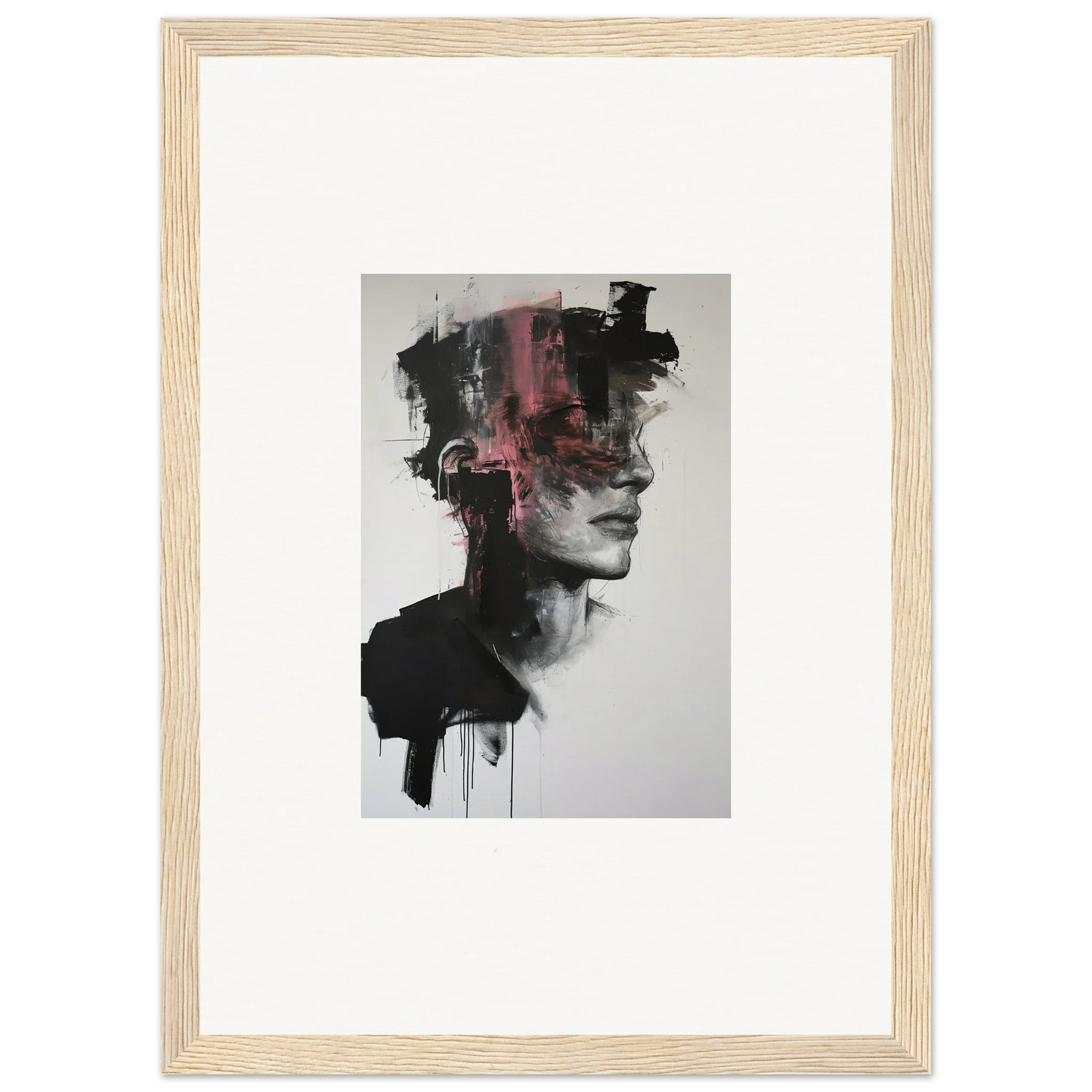 Abstract portrait with black and pink brushstrokes in Fragmented Psyche Canvas
