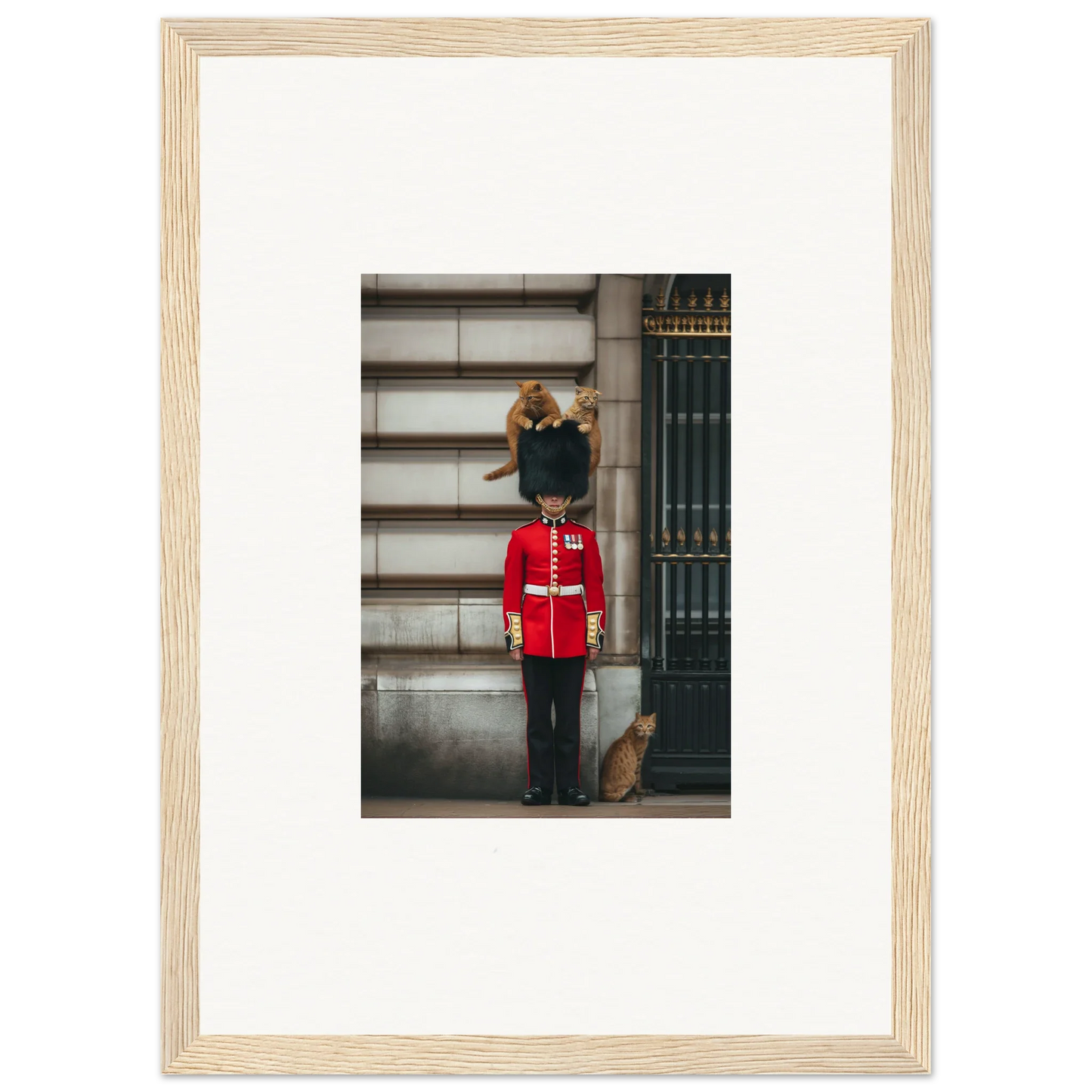 Framed poster of a Queen’s Guard with a cat on their hat at Sensational Sentinels Playground