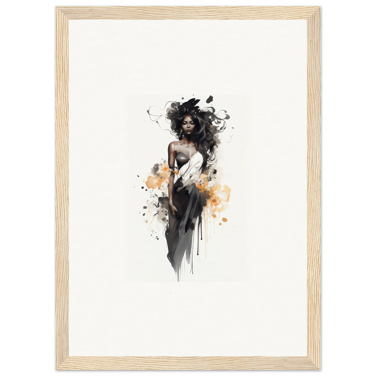 Artistic watercolor and ink illustration of a figure in a black dress from Harlequin Suns Wash