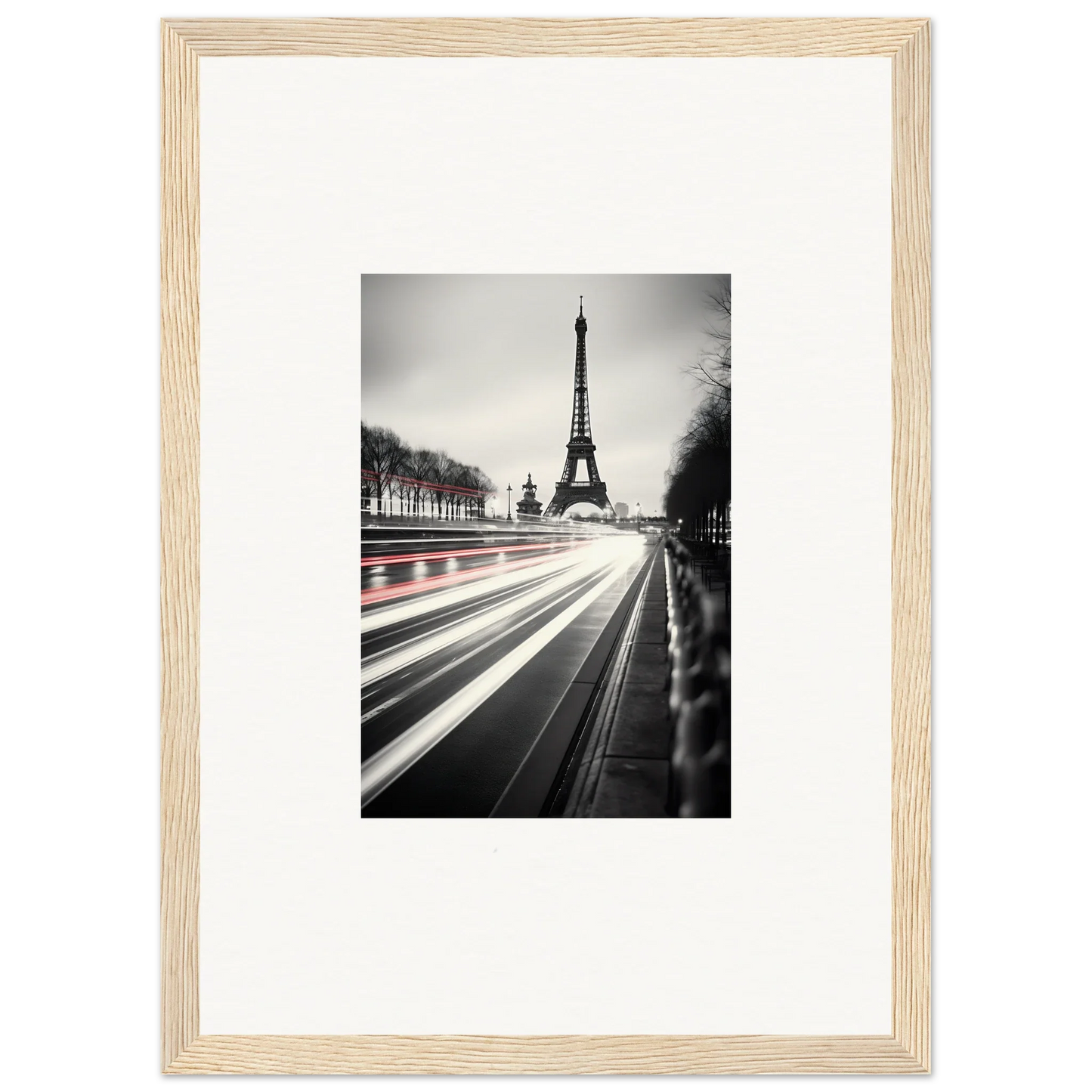 Black and white Eiffel Tower photo with light trails in Eternal Windsweep Halo frame