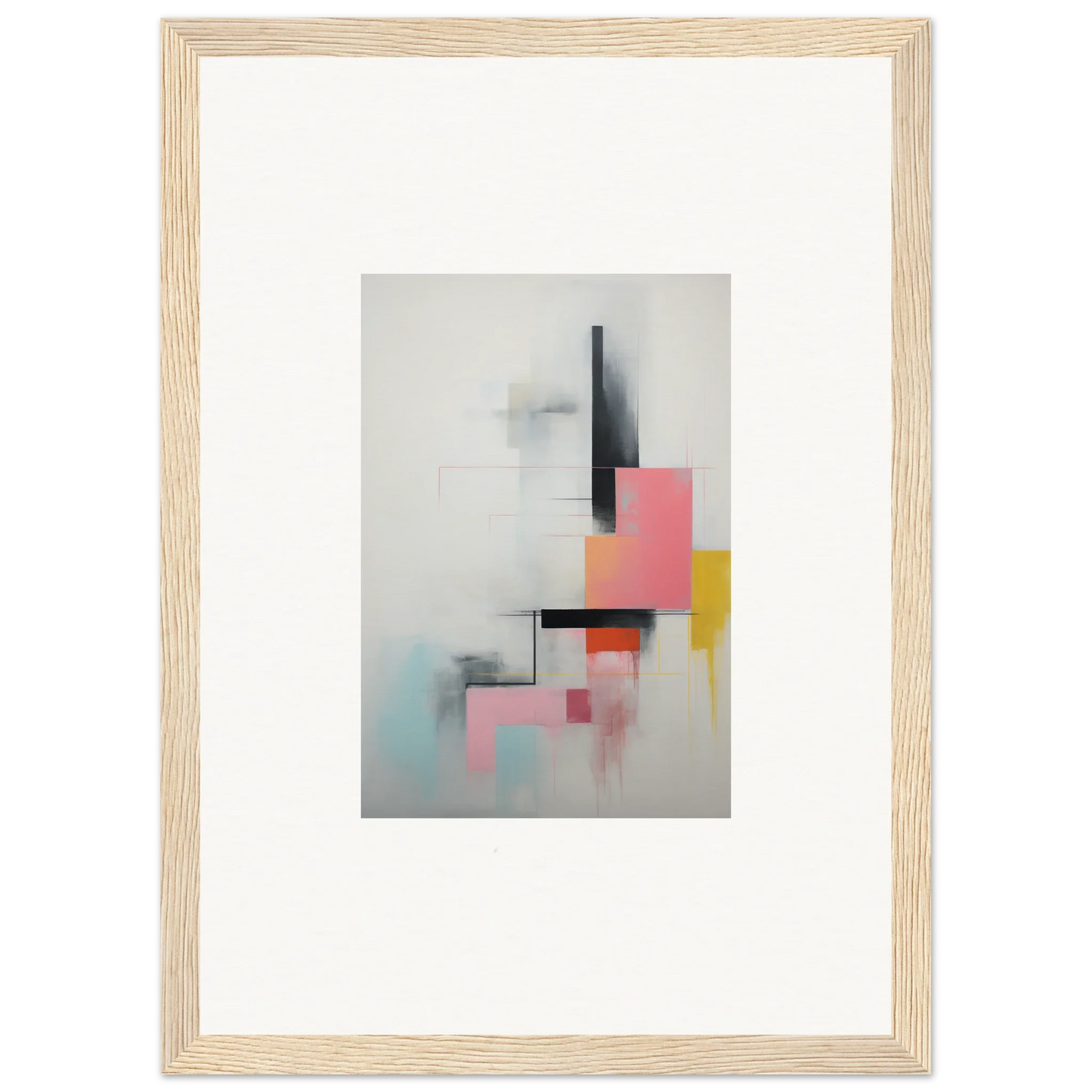 Abstract geometric artwork in soft pink, yellow, and black for Ethereal Chrome Juxtaposition