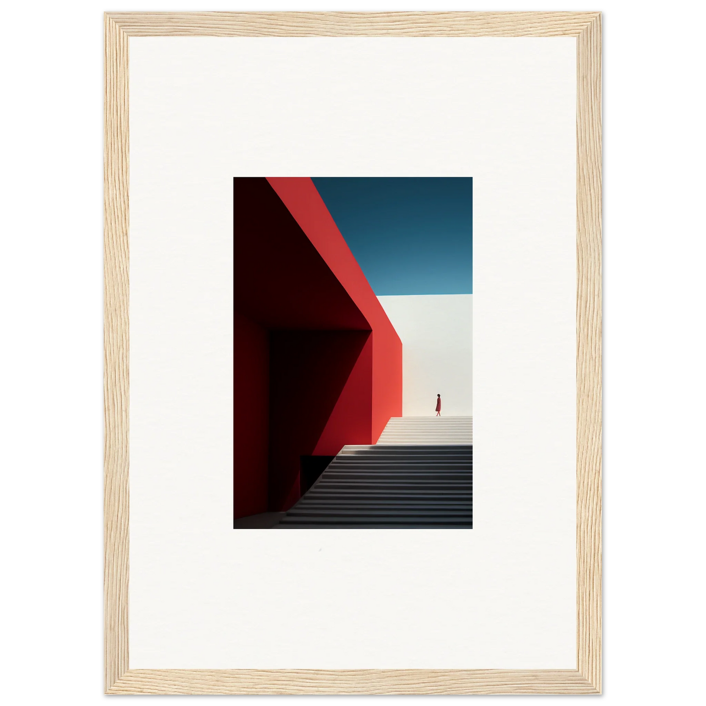 Framed wall art of minimalist architecture with red walls and blue sky for Mesa Quizzes Cascades