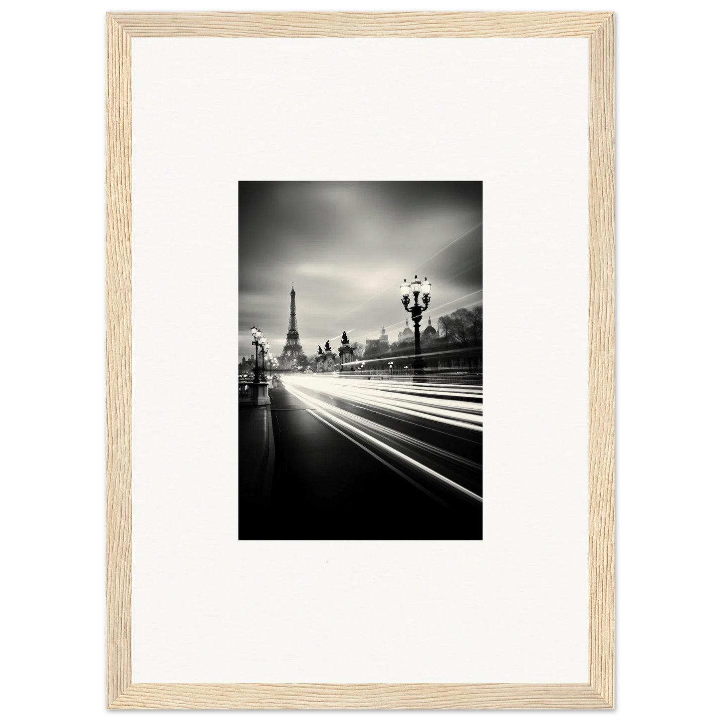 Black and white Eiffel Tower photo with light trails, perfect for special edition art™