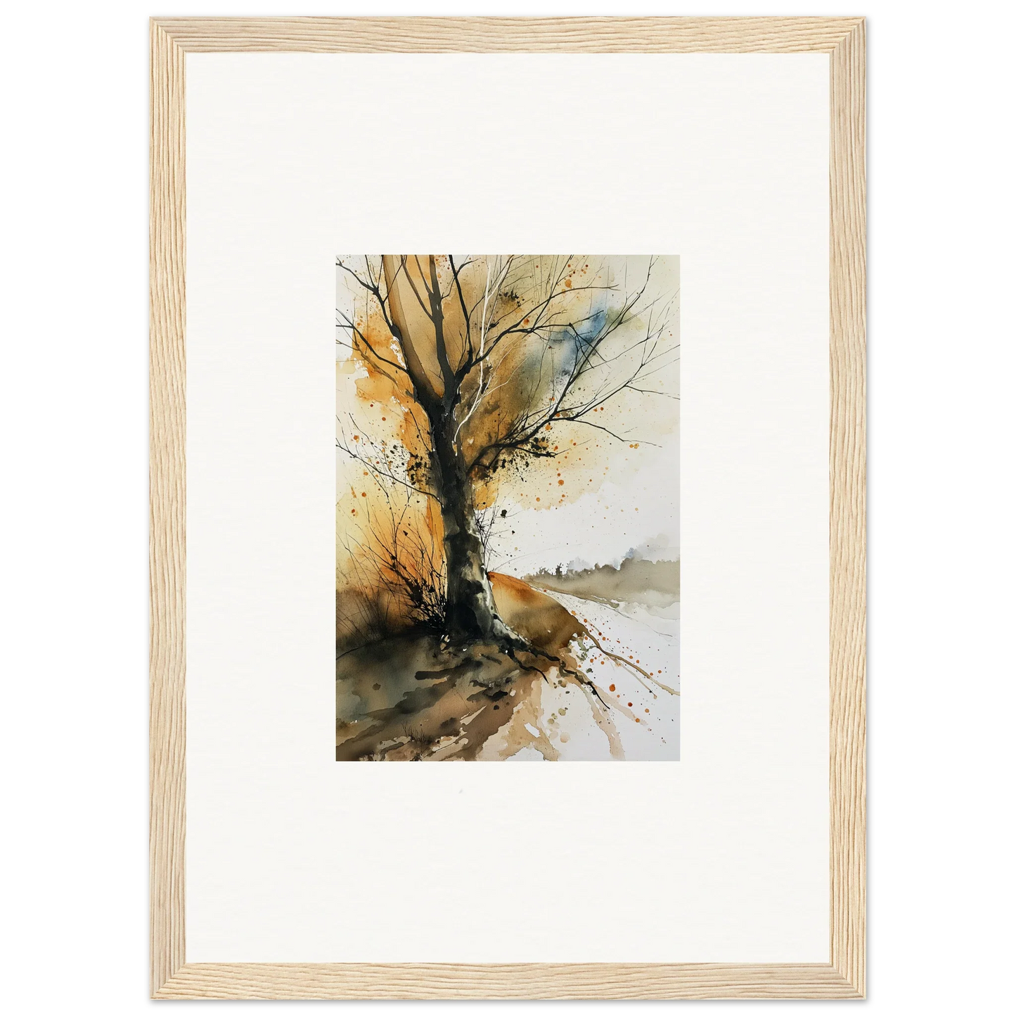 Framed watercolor wall art of a bare tree in autumn colors, perfect for room decoration