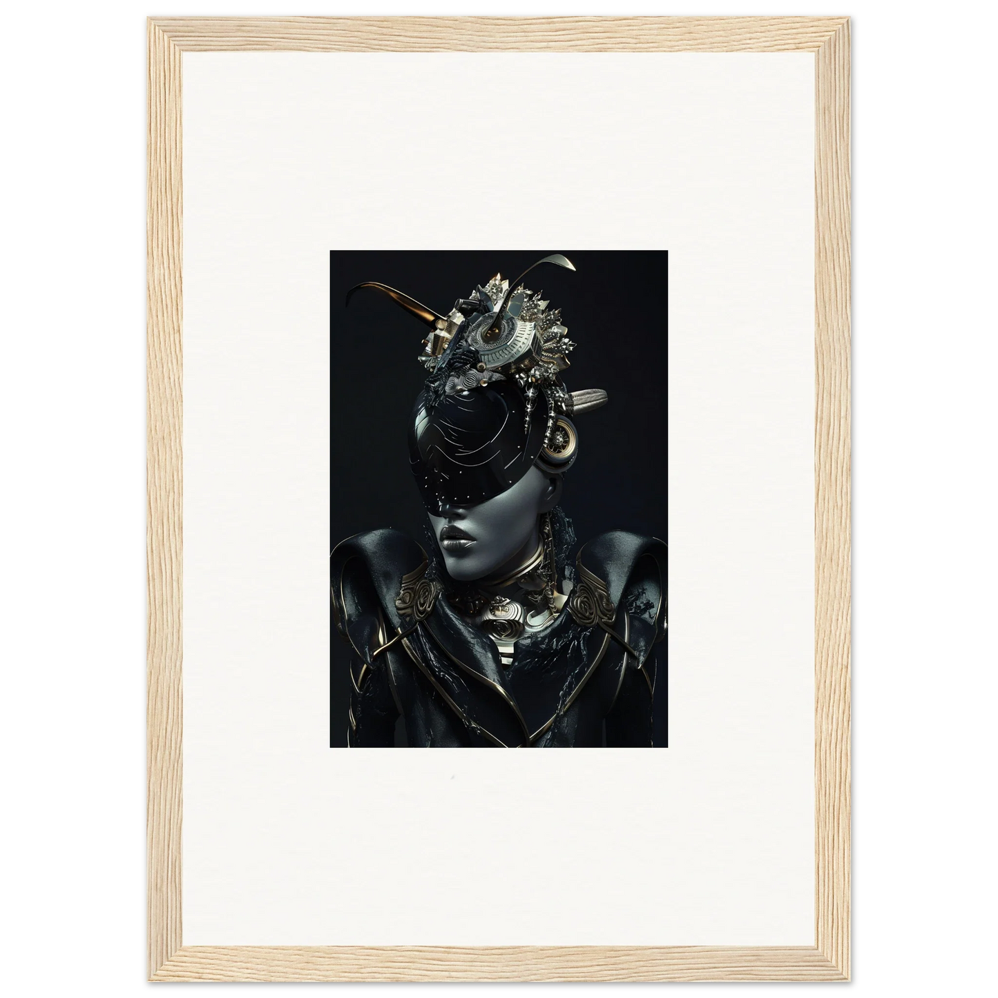 Framed wall art of a figure in a stunning dark headdress for unique room decoration
