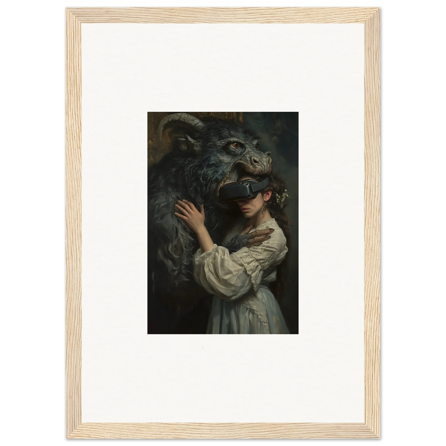 Framed set of Love, Reality Monster art featuring a dragon creature and a figure in white dress