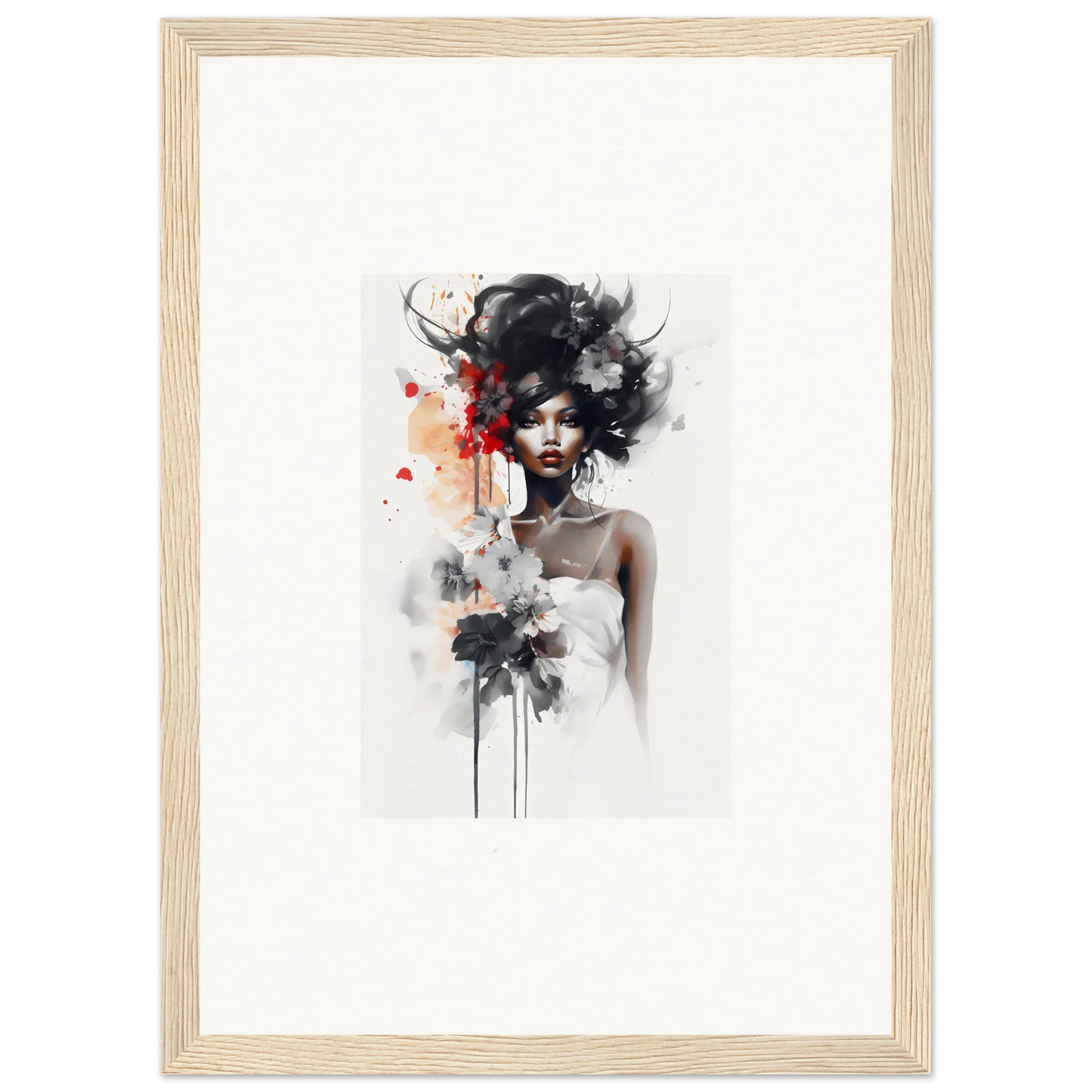 Artistic watercolor portrait from Plume Sultry Reverie with black hair and red accents