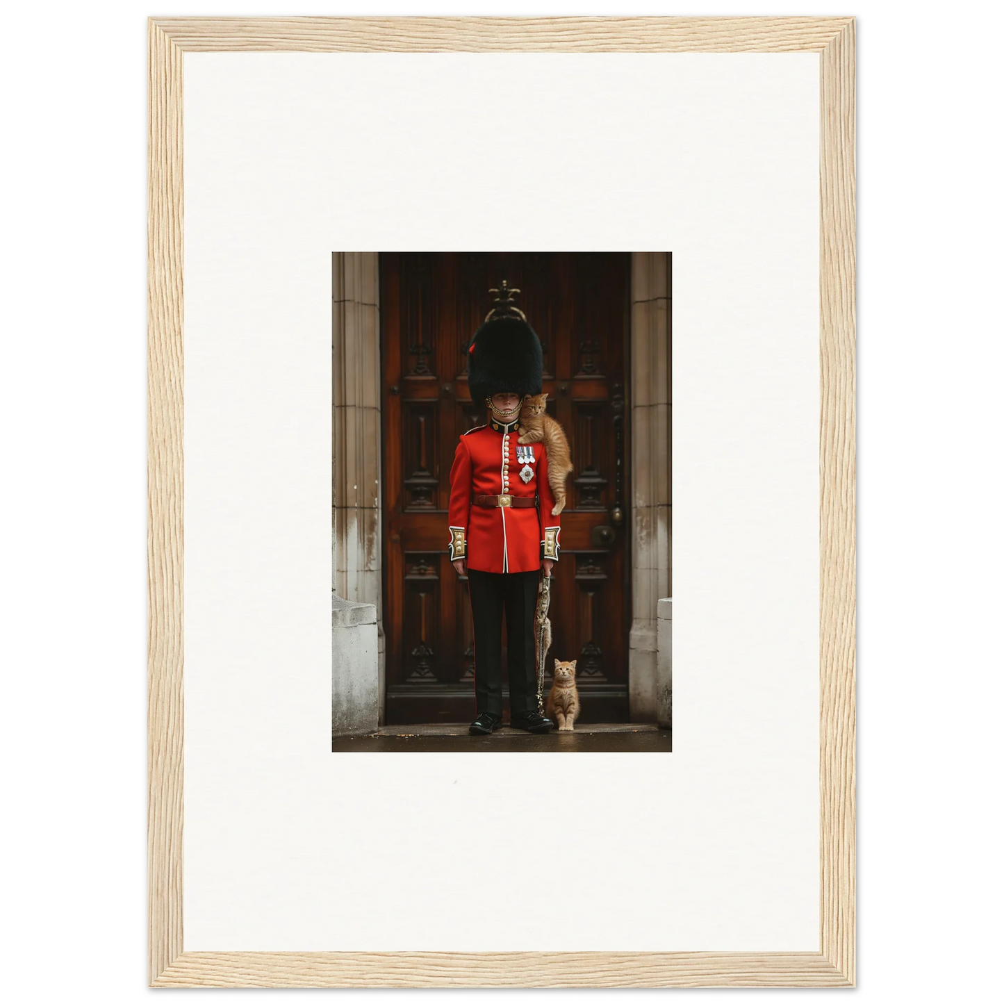 Framed photograph of a Queen’s Guard with a cat for God Save special edition art™