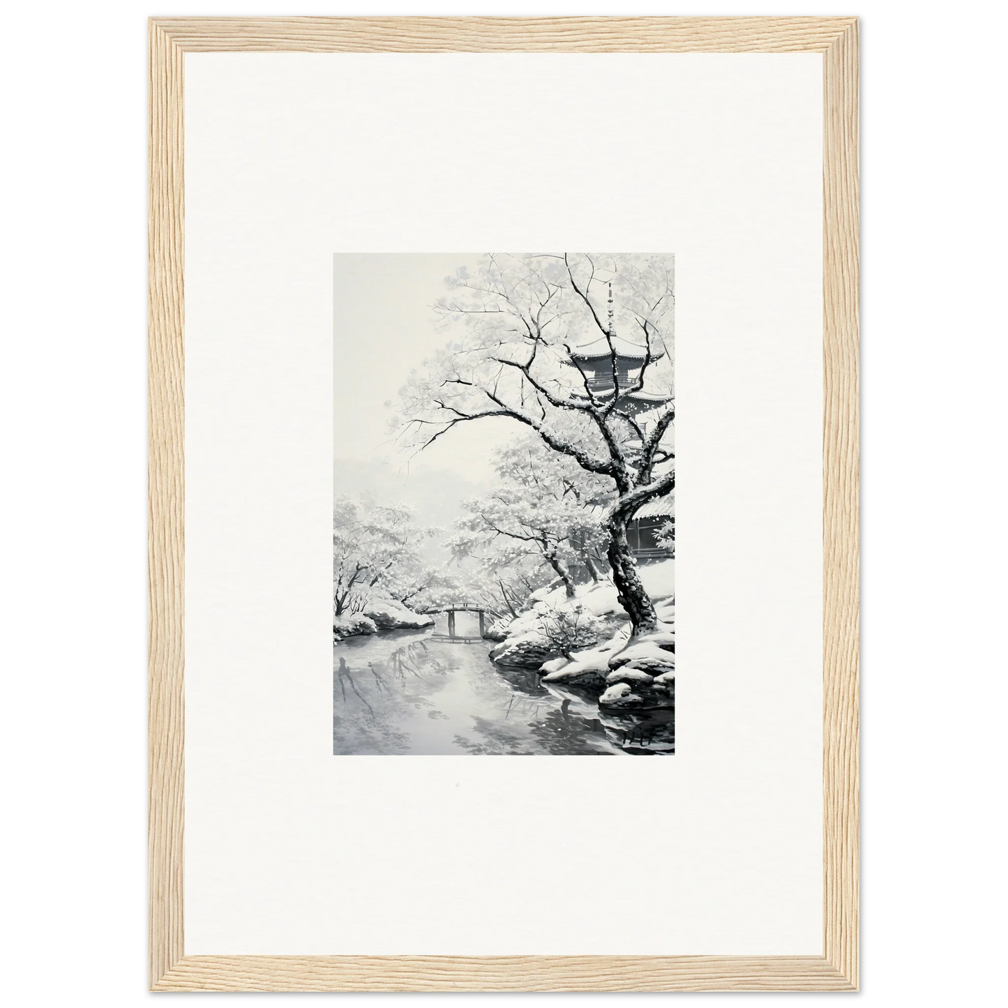 Framed black and white artwork of snowy trees by a stream from Chilled Lunar Embrace