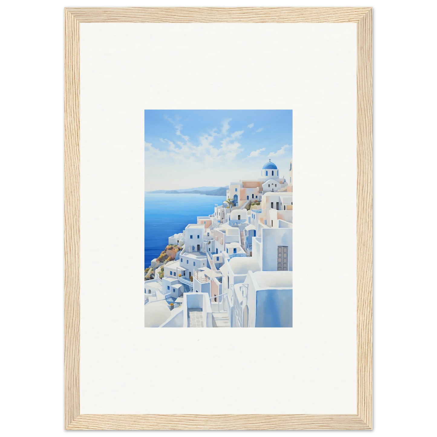 Framed wall art of Santorini’s iconic buildings, part of Dreams Overlapping Reality collection