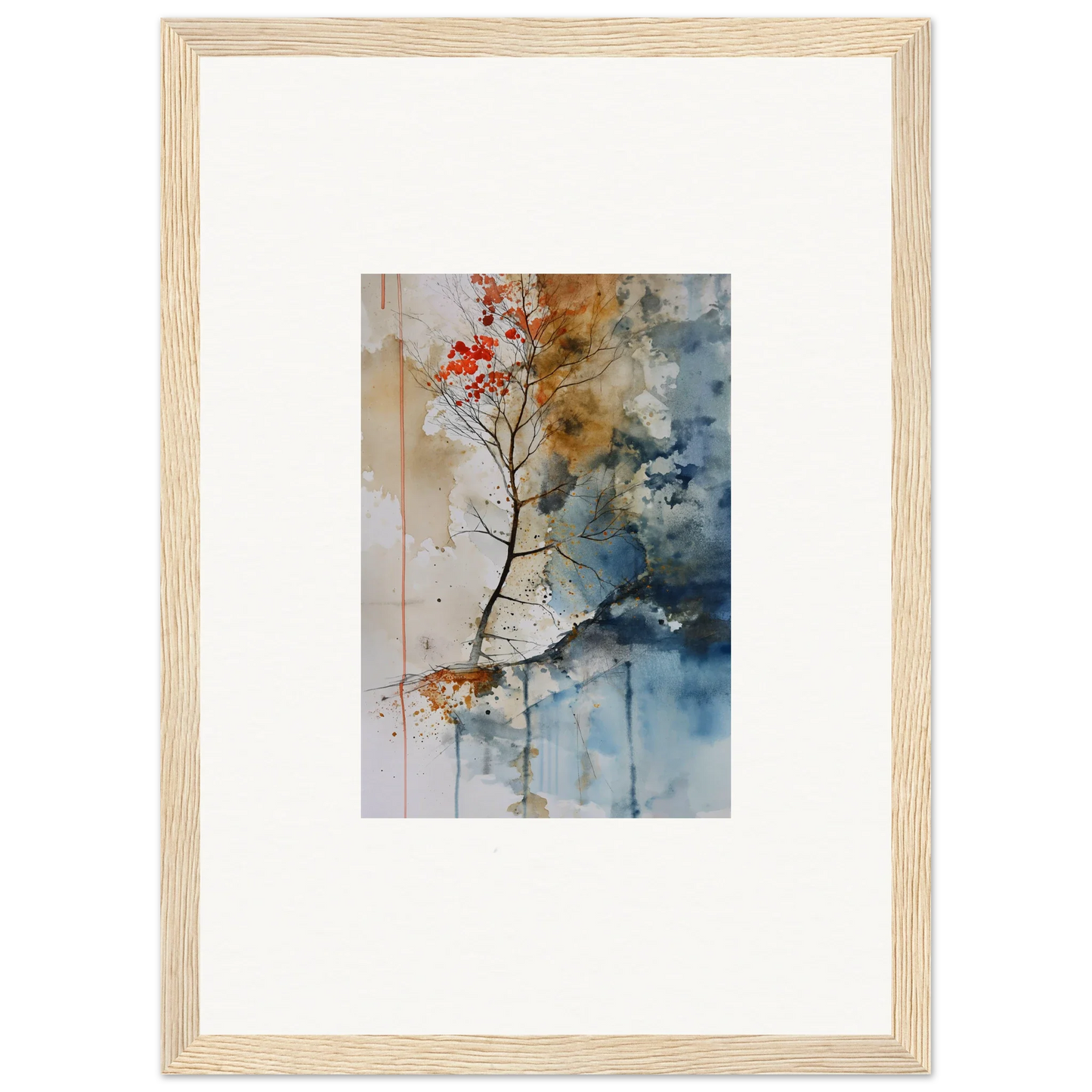 Framed watercolor wall art of tree branch with red blossoms, perfect for room decoration