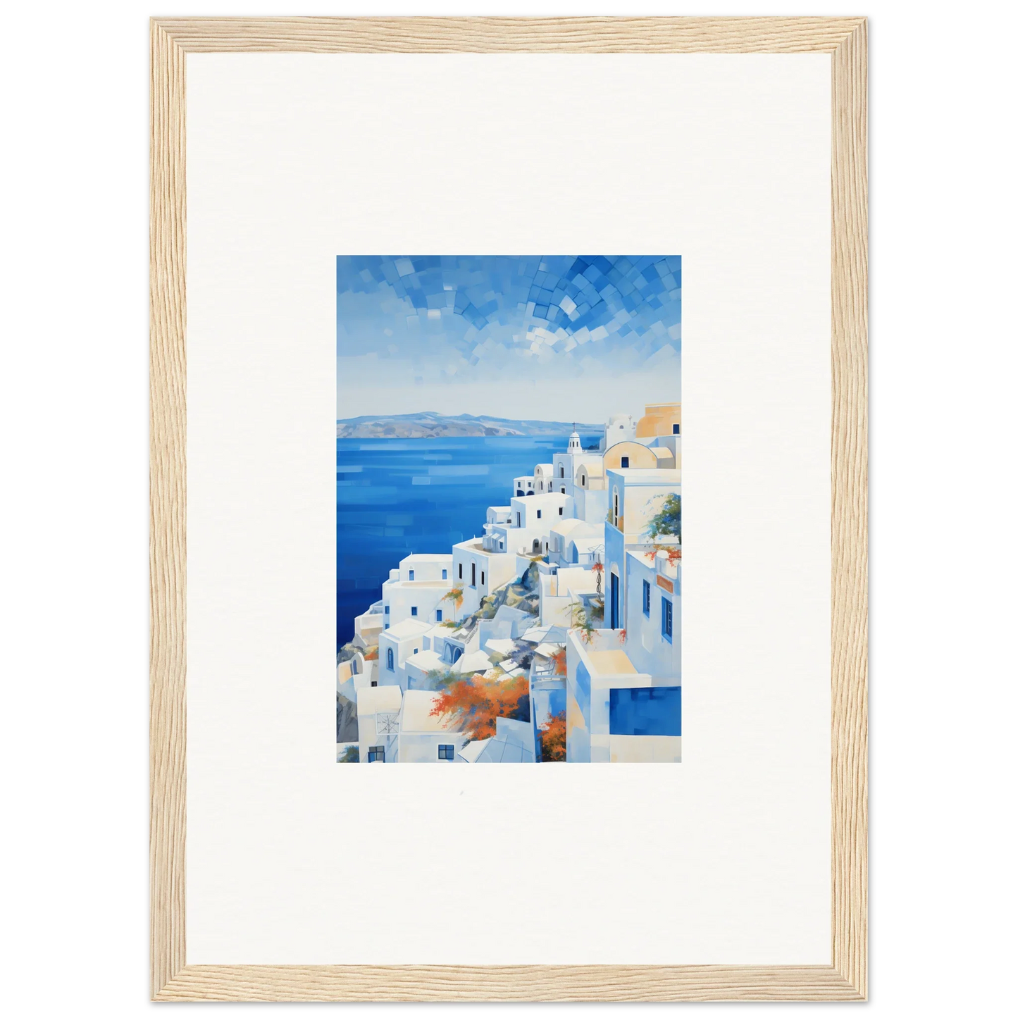 Framed wall art of white buildings on a Santorini cliff, Ethereal Azure Echoes