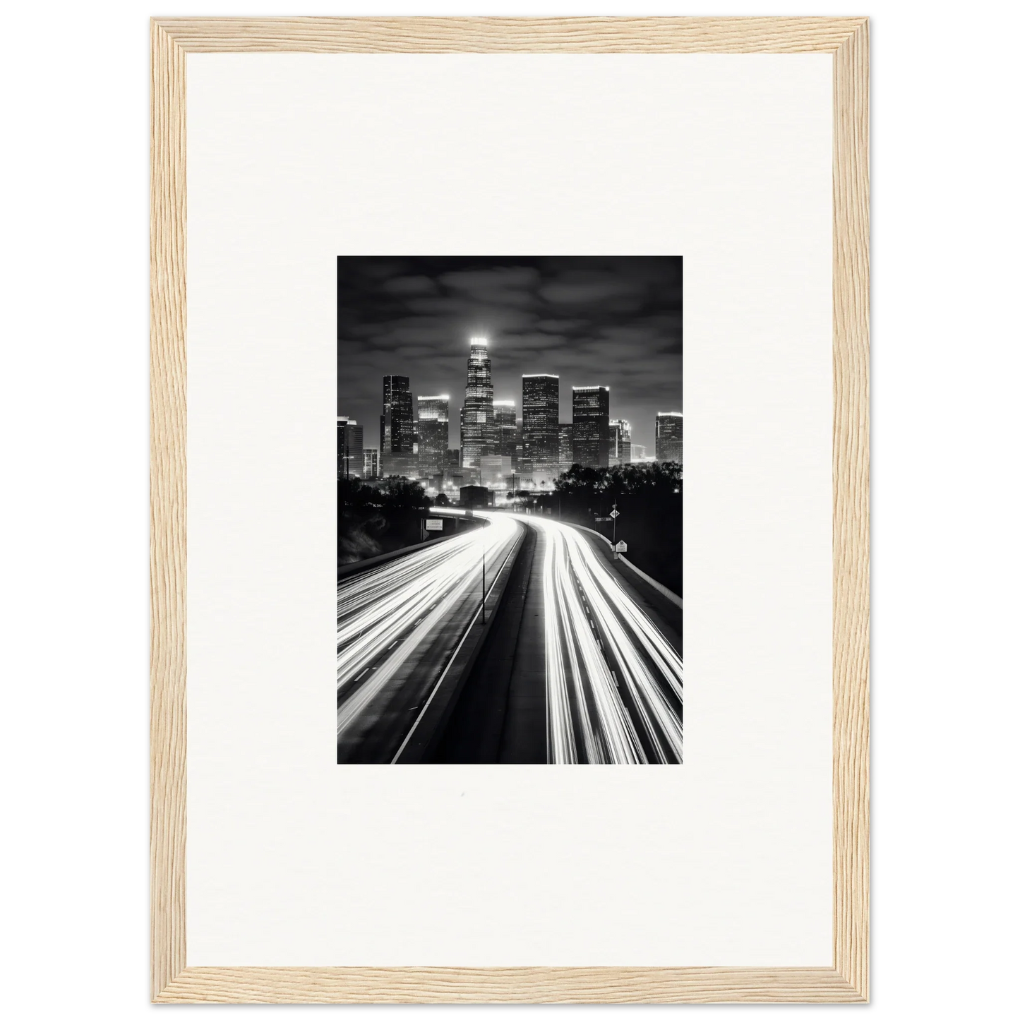 Black and white city skyline with traffic light trails in special edition art™ design