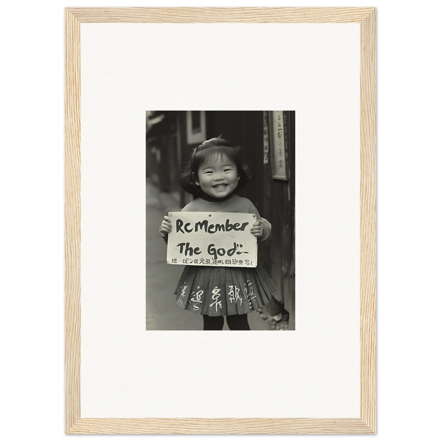 Black and white framed wall art featuring a child with a Remember The God sign for Sacred Smile Echoes